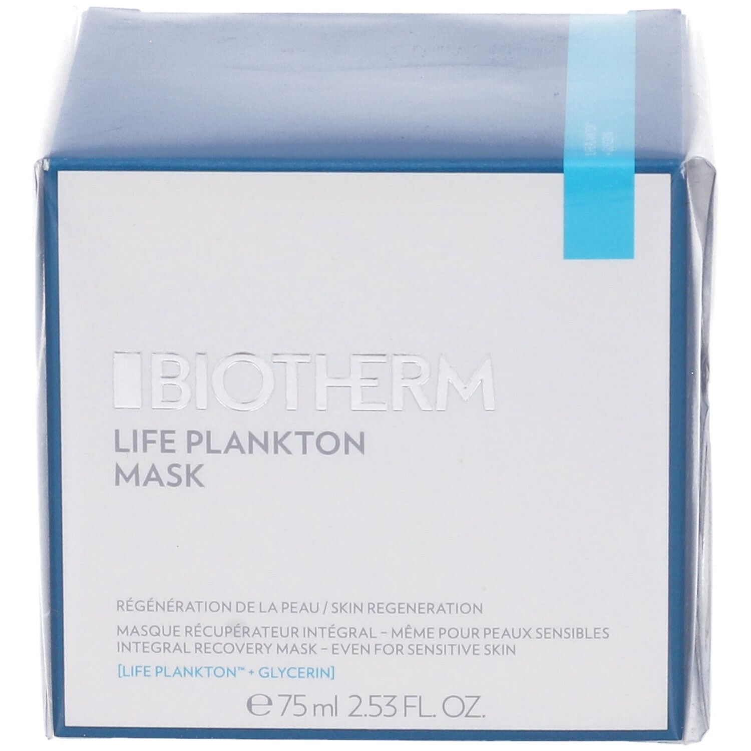 Fronte della Biotherm Life Plankton Mask. Nome del prodotto, logo e testo su sfondo bianco. Imballaggio in plastica.