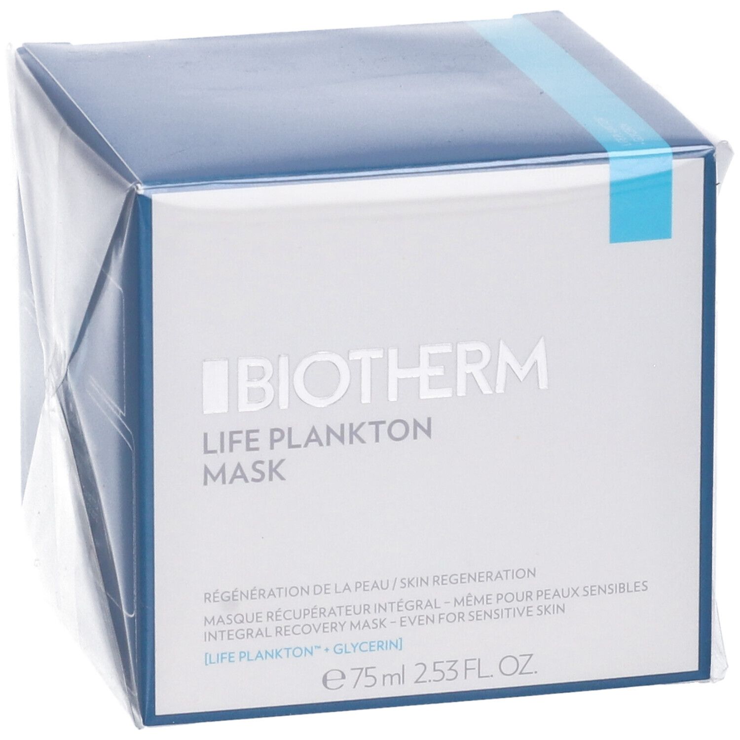 Fronte della Biotherm Life Plankton Mask. Nome del prodotto, logo e testo su sfondo bianco. Imballaggio in plastica.