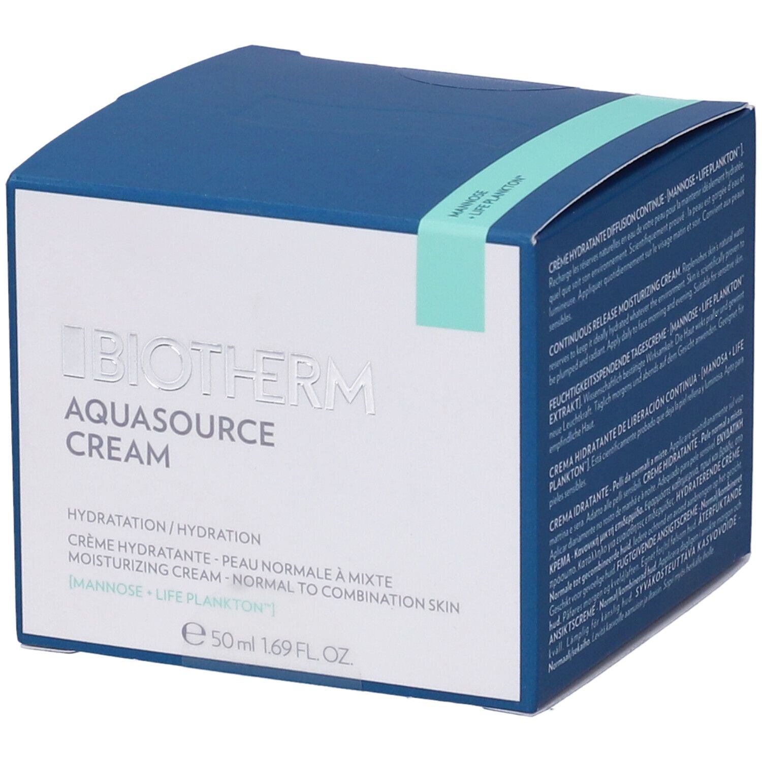 Confezione blu e bianca. Scritta: BIOTHERM AQUASOURCE CREAM. Hydratation, Crème hydratante, moisturizing cream. 50 ml.
