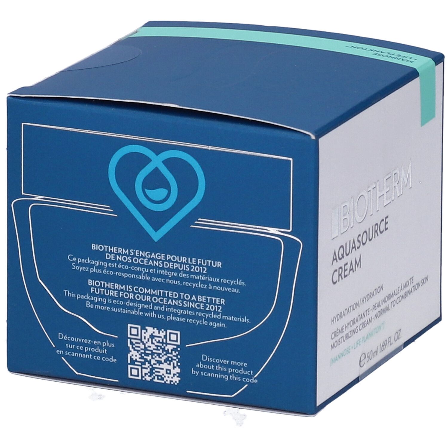 Confezione blu. Scritta: BIOTHERM. Testo sulla sostenibilità. Codice QR. Logo cuore e goccia d'acqua.