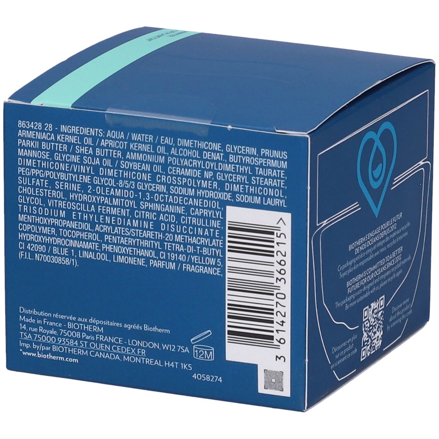 Confezione blu. Ingredienti, codice a barre, codice QR. Indirizzo del produttore. Simbolo 12M.