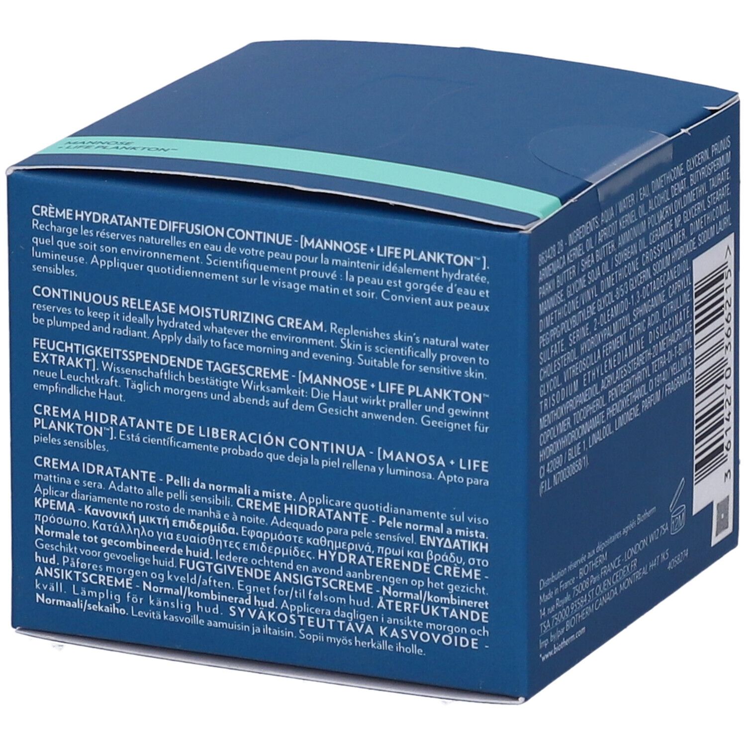 Confezione blu. Testo sulla crema in diverse lingue. Testo: MANNOSE + LIFE PLANKTON.