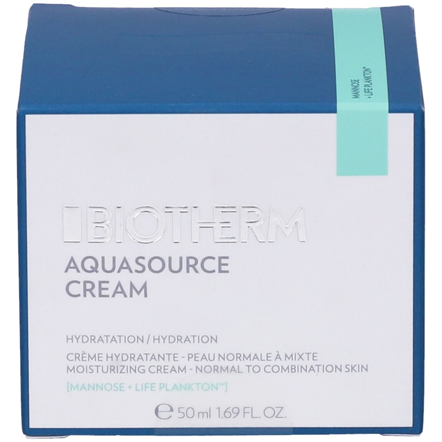 Confezione blu e bianca. Scritta: BIOTHERM AQUASOURCE CREAM. Hydratation, Crème hydratante, moisturizing cream. 50 ml.