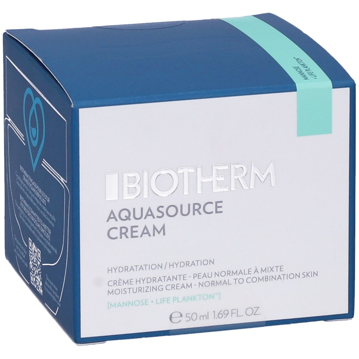 Confezione blu e bianca. Scritta: BIOTHERM AQUASOURCE CREAM. Hydratation, Crème hydratante, moisturizing cream. 50 ml.