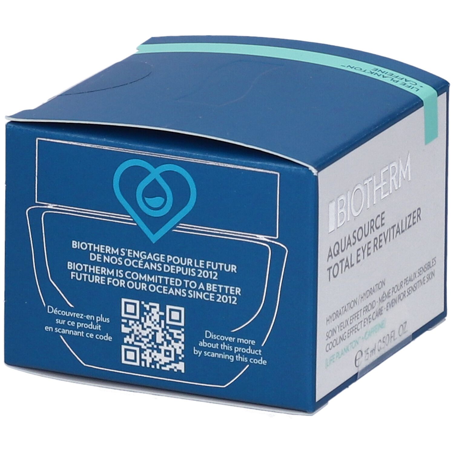 Scatola blu con logo e testo. Contiene "Biotherm Aquasource Total Eye Revitalizer". Codice QR e testo "Discover more..."