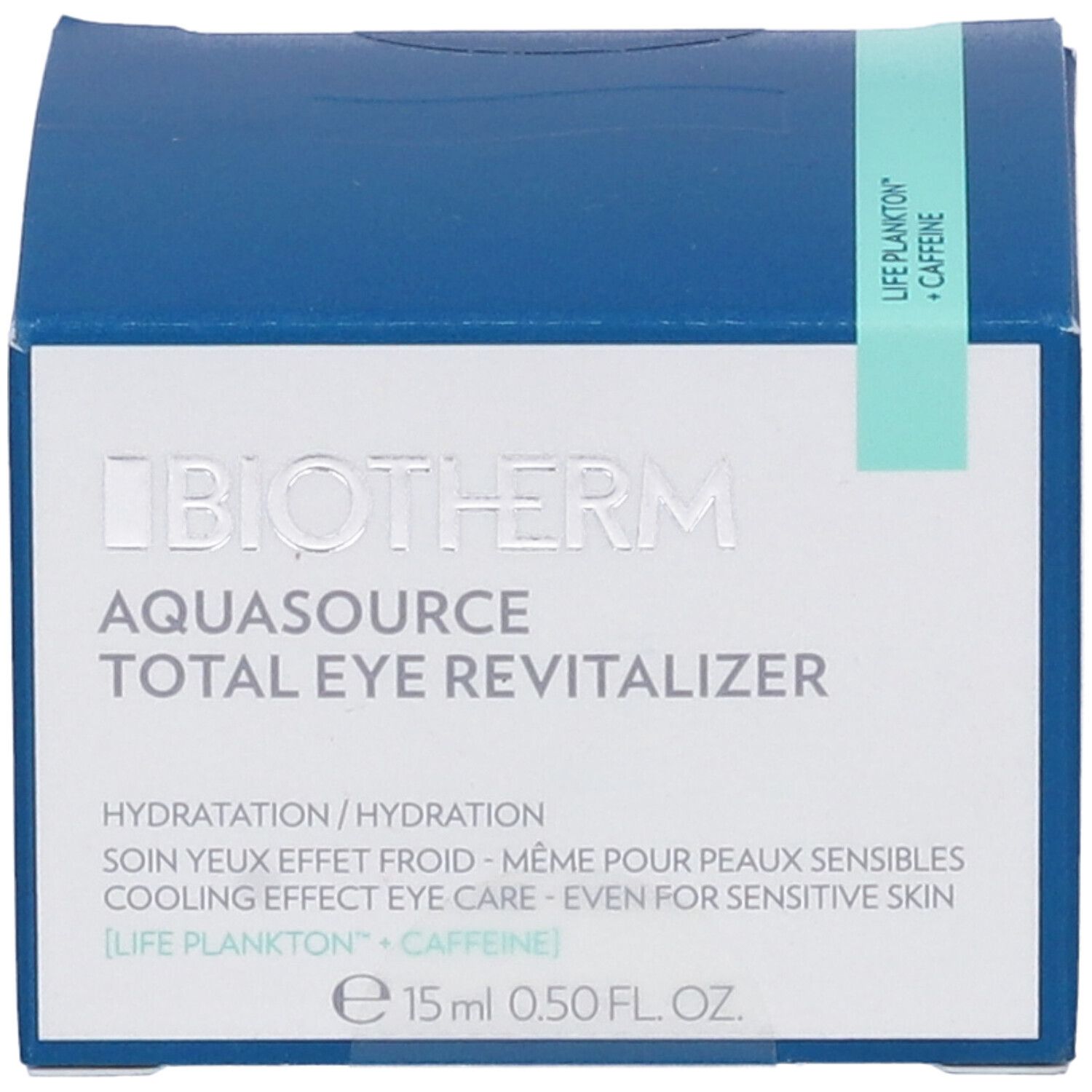Scatola blu con nome del prodotto e testo. Contiene "Biotherm Aquasource Total Eye Revitalizer". Striscia verde e bianca con testo.