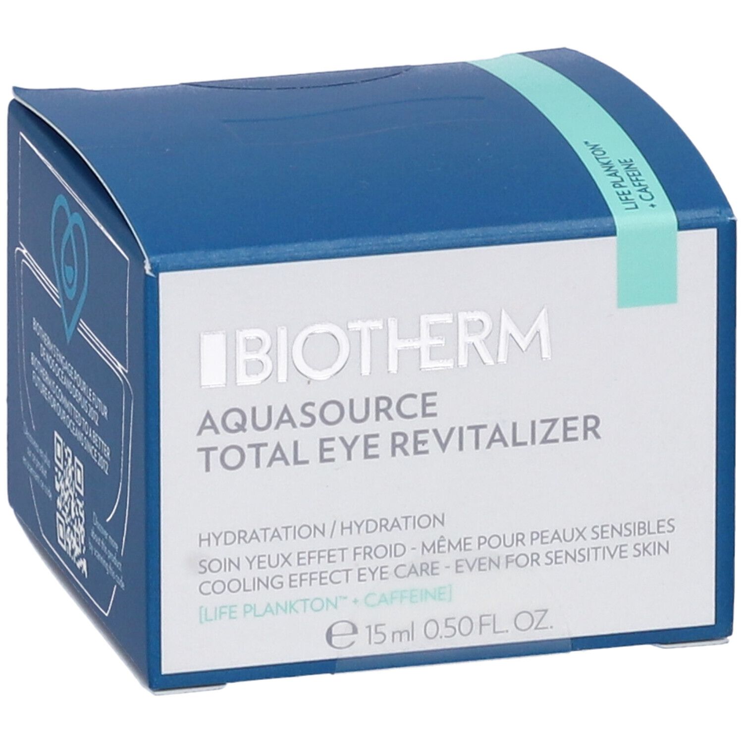 Scatola blu con logo e testo. Contiene "Biotherm Aquasource Total Eye Revitalizer". Striscia verde e bianca con testo.