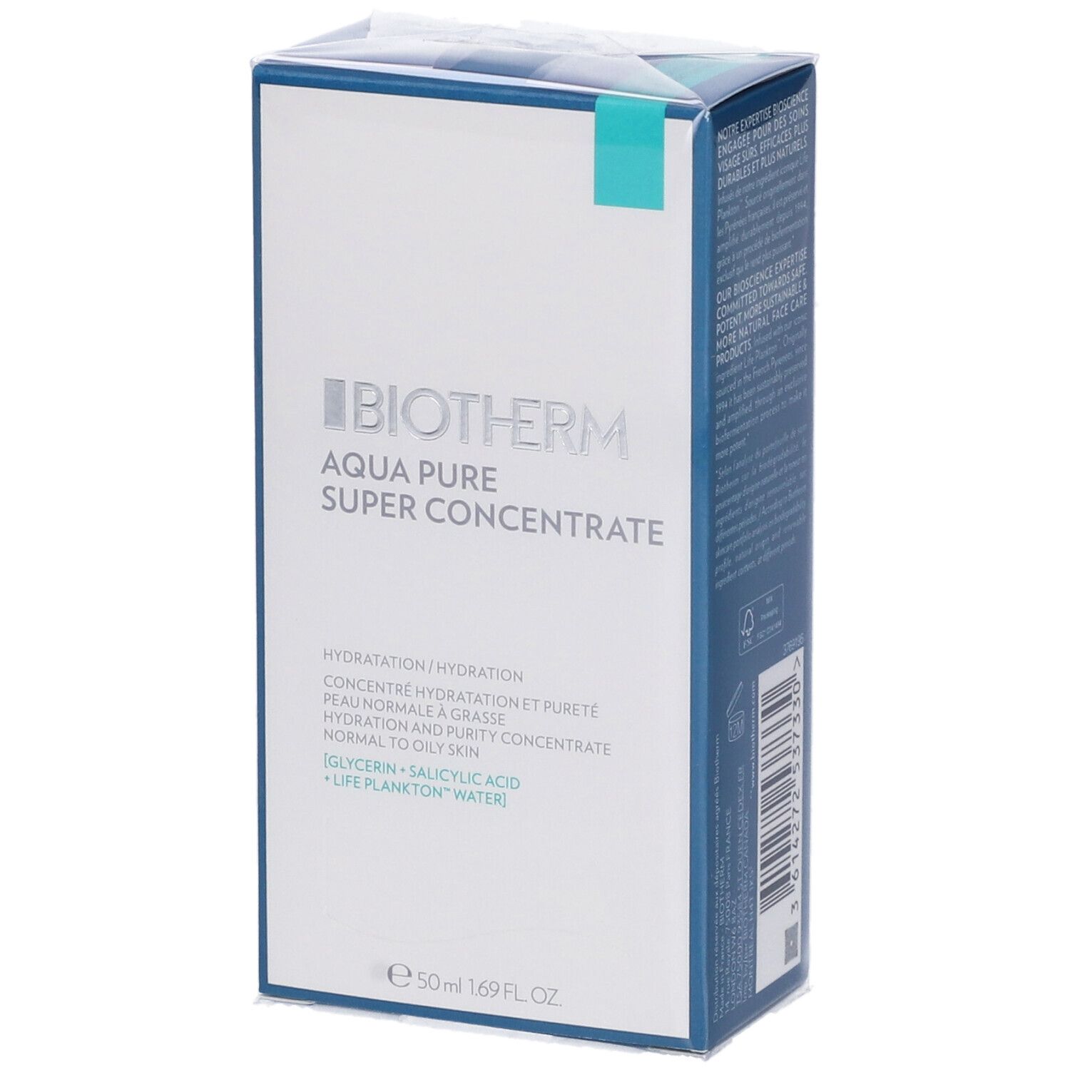 Confezione Biotherm Aqua Pure Super Concentrate. Imballaggio bianco e blu. Testo: Aqua Pure Super Concentrate, 50ml.