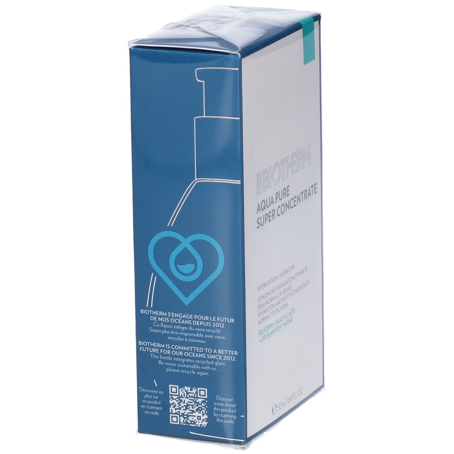 Confezione Biotherm Aqua Pure Super Concentrate. Lato blu con logo e testo. Codice QR e testo sugli oceani.