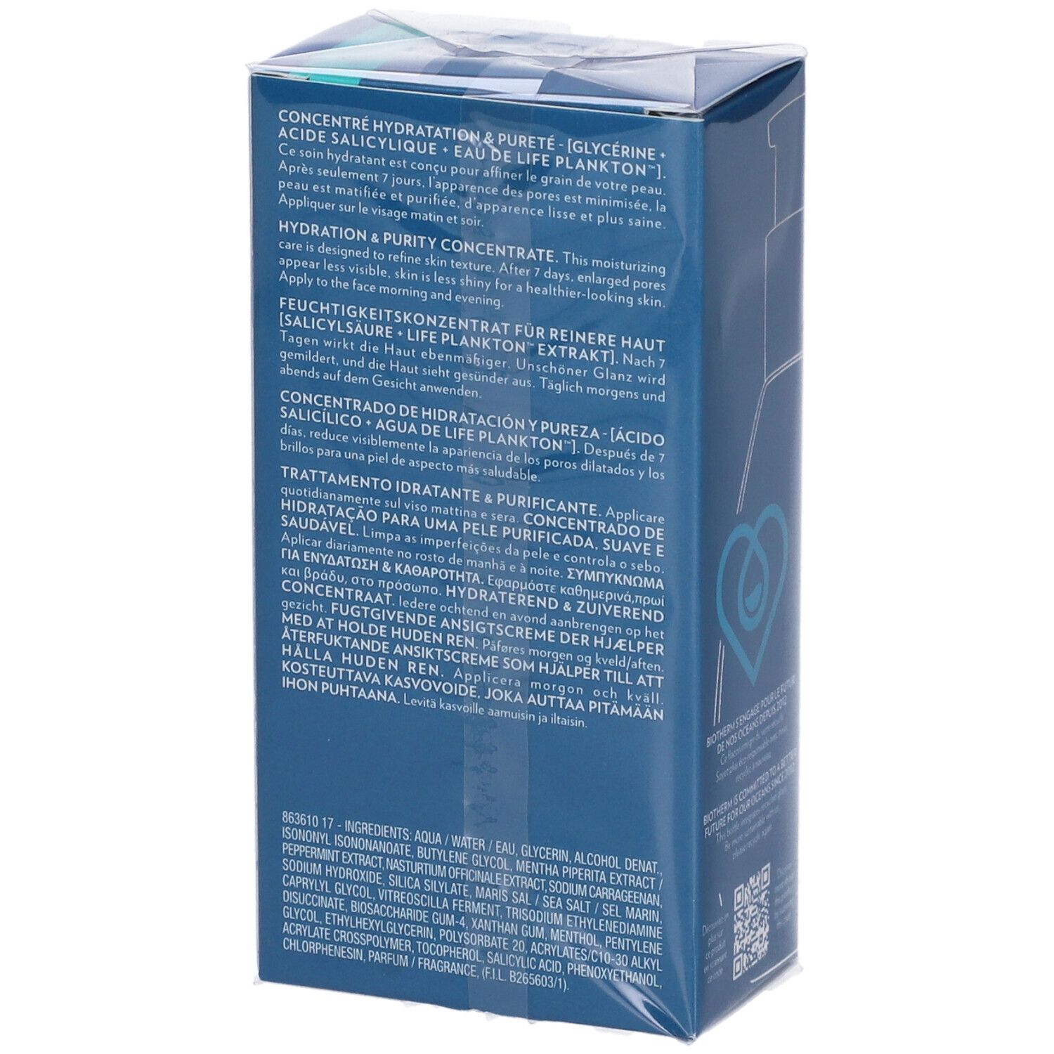 Confezione Biotherm Aqua Pure Super Concentrate. Testo multilingue. Ingredienti e istruzioni per l'uso.