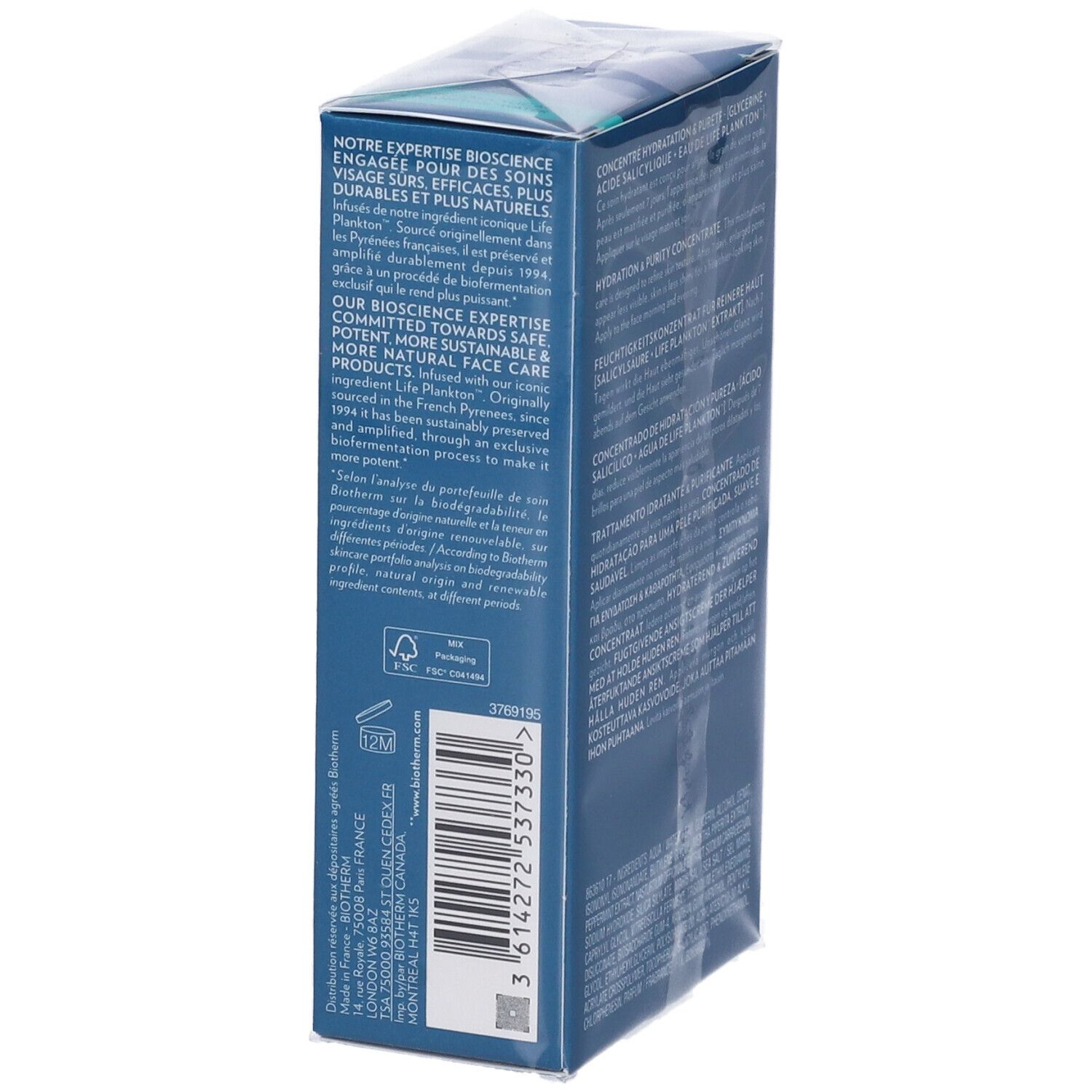 Confezione Biotherm Aqua Pure Super Concentrate. Testo sull'expertise bioscience e sostenibilità. Logo riciclo.
