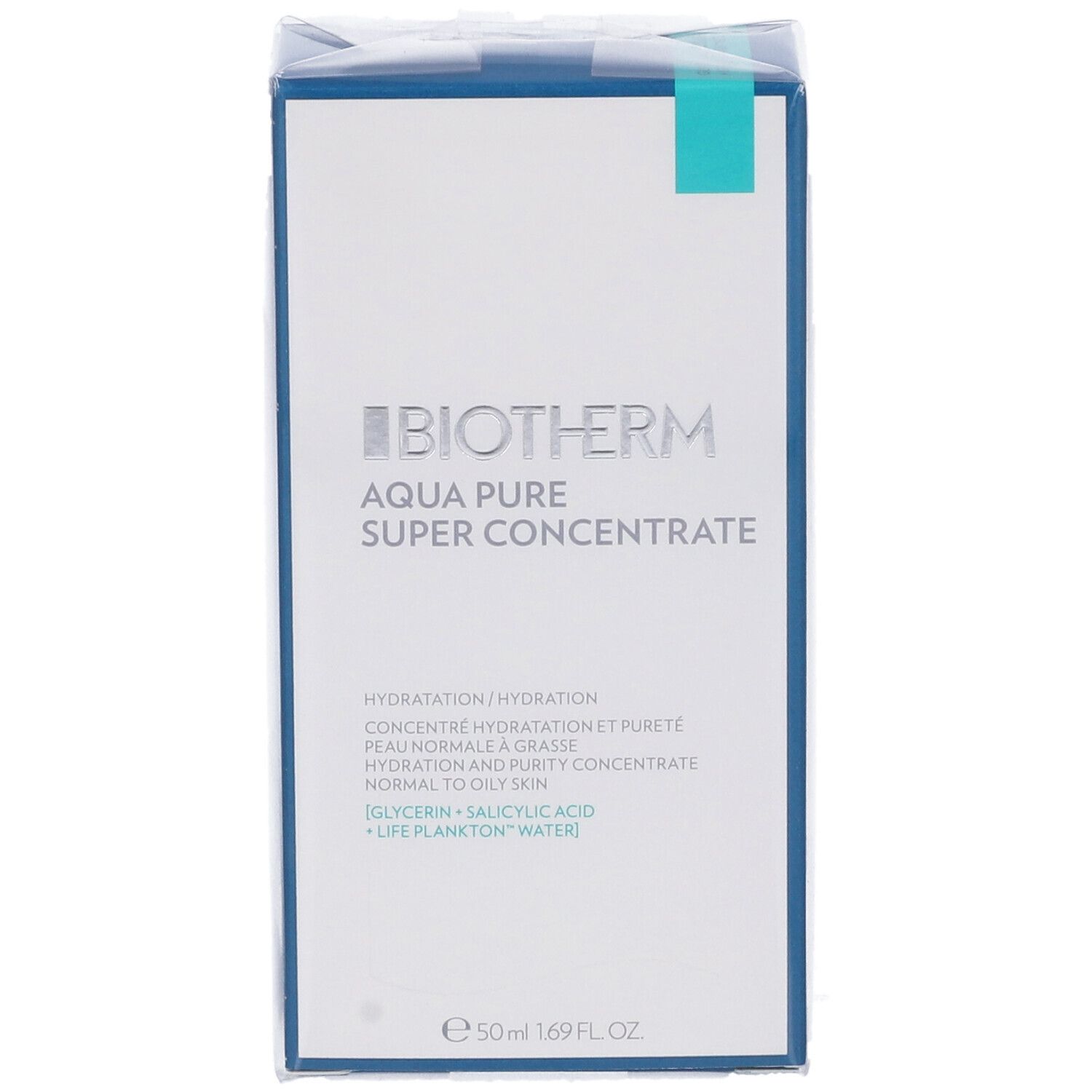 Confezione Biotherm Aqua Pure Super Concentrate. Imballaggio bianco e blu. Testo: Aqua Pure Super Concentrate, 50ml.
