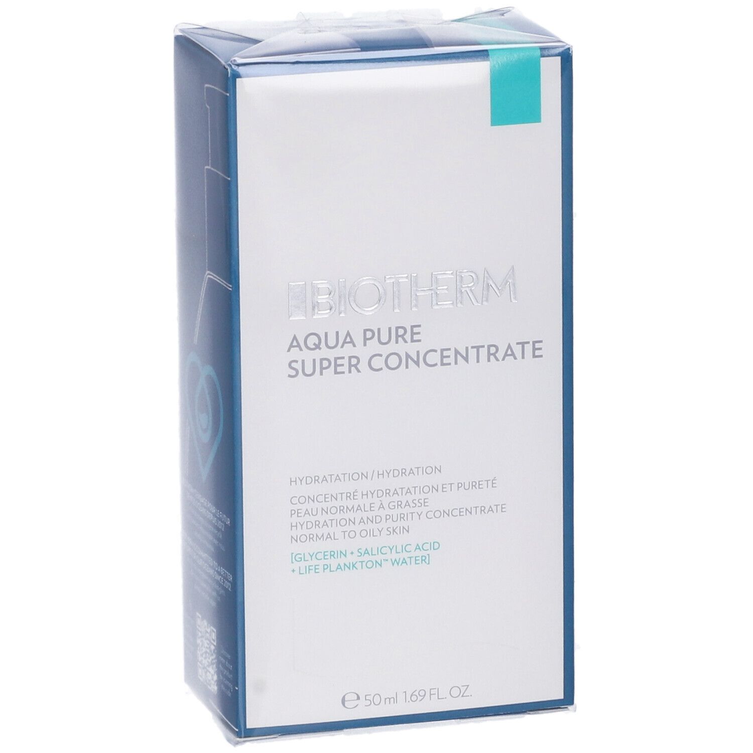 Confezione Biotherm Aqua Pure Super Concentrate. Imballaggio bianco e blu. Testo: Aqua Pure Super Concentrate, 50ml.