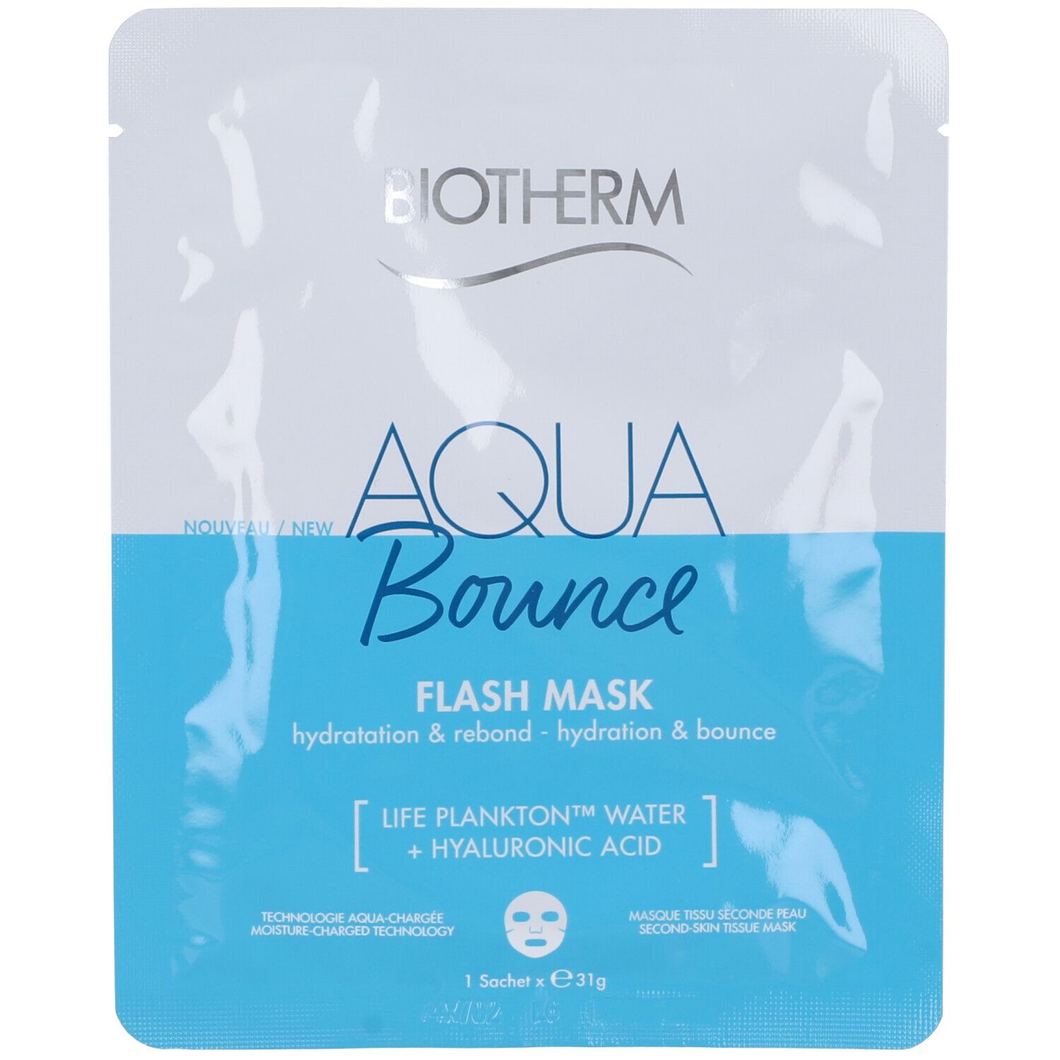 Biotherm Aqua Bounce Flash Mask. Confezione bianca e blu. Testo: Aqua Bounce, Flash Mask, Life Plankton Water + Acido Ialuronico.