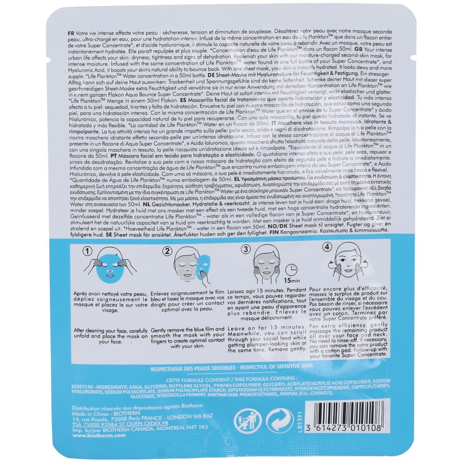 Retro di Biotherm Aqua Bounce Flash Mask. Confezione blu con testo e istruzioni per l'uso. Contiene illustrazioni.