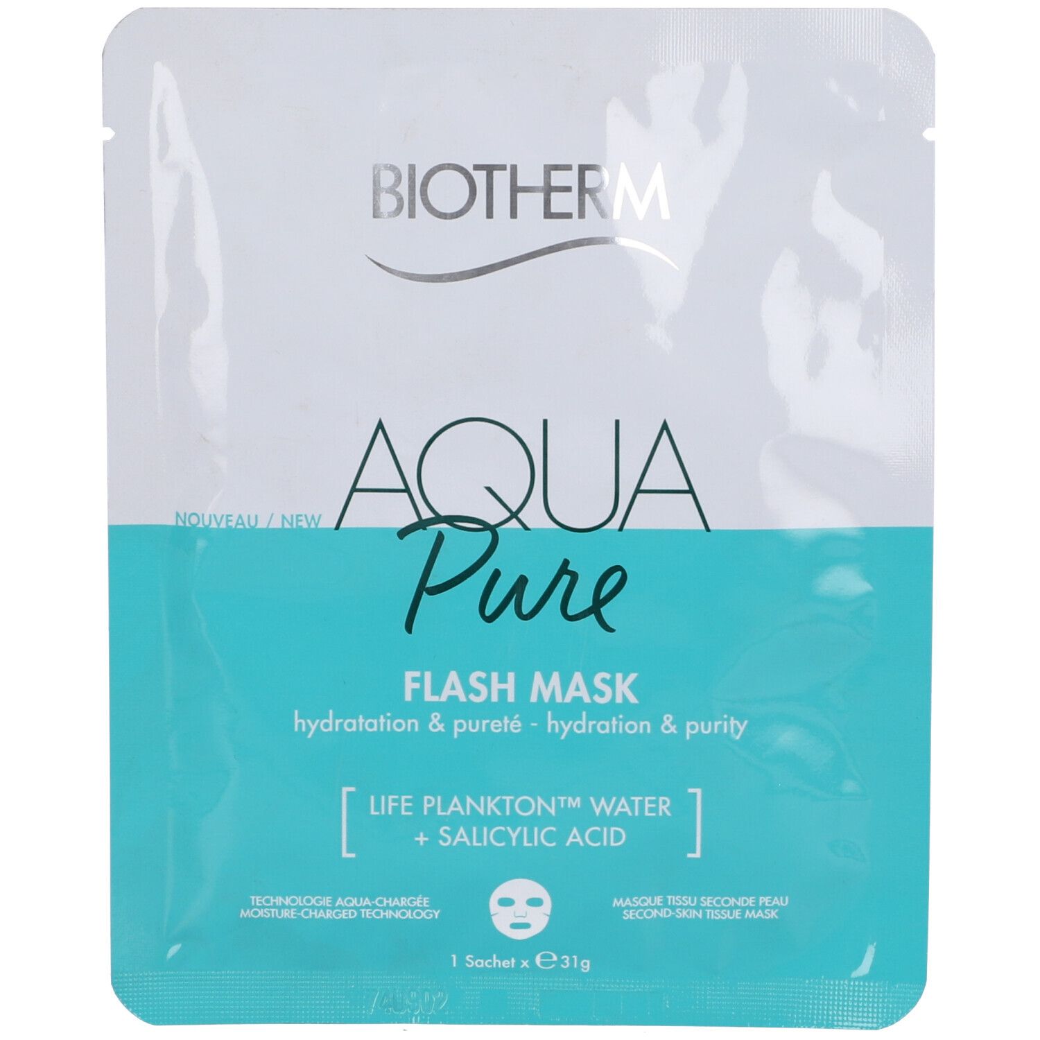 BIOTHERM Aqua Pure Flash Mask. Confezione bianca e blu. Testo: Aqua Pure, Flash Mask, Life Plankton, acido salicilico.
