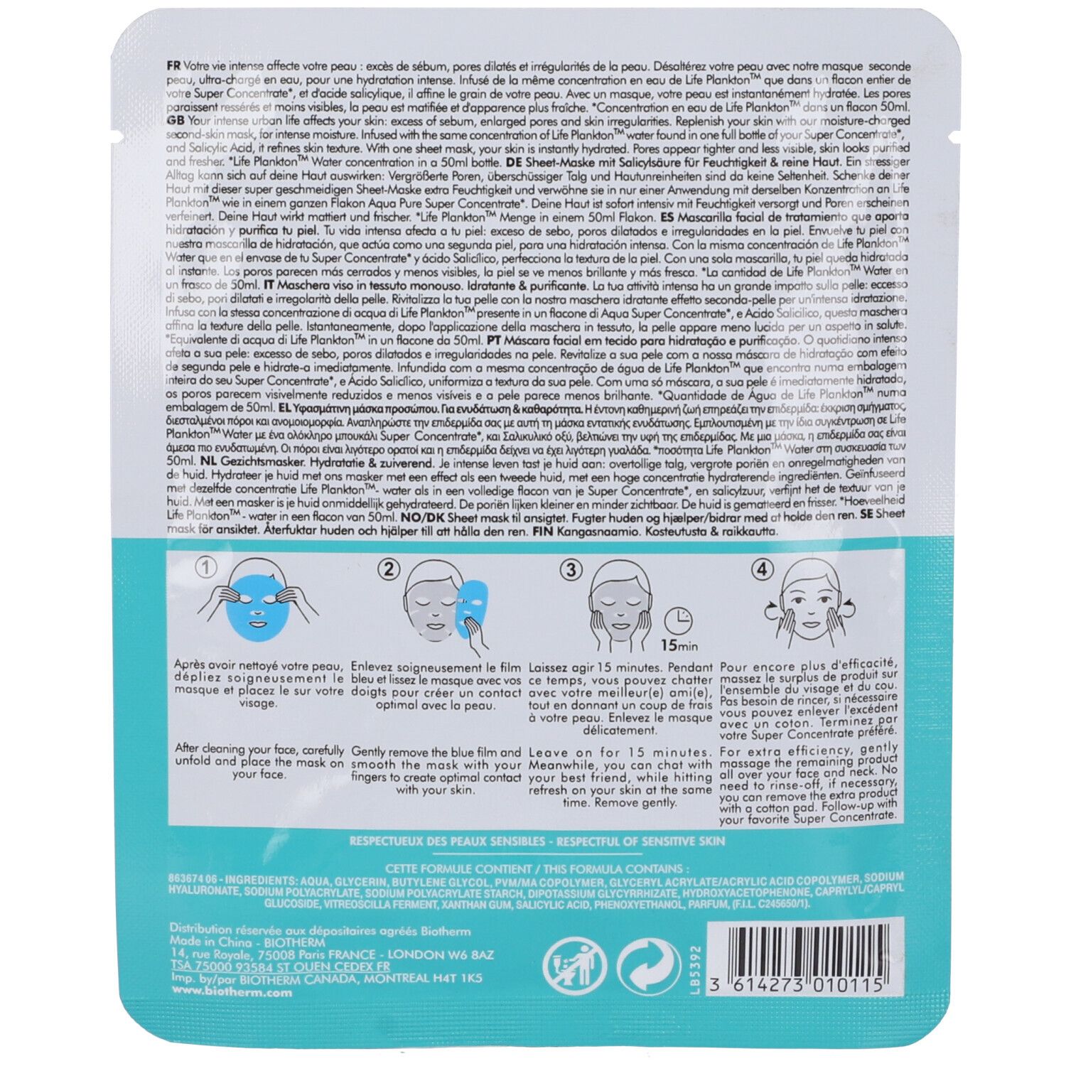Retro della confezione BIOTHERM Aqua Pure Flash Mask. Testo e istruzioni per l'uso. Ingredienti e loghi.