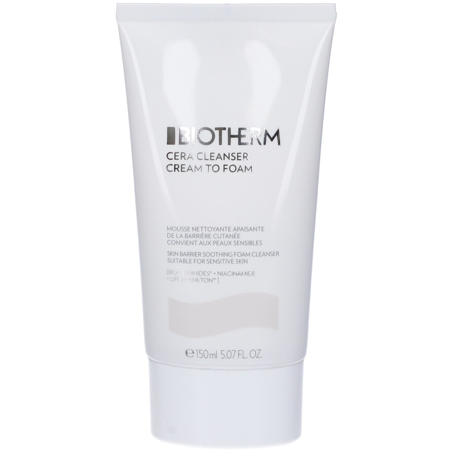 Tubo bianco con logo BIOTHERM e nome del prodotto. Testo multilingue. Contenuto 150ml.