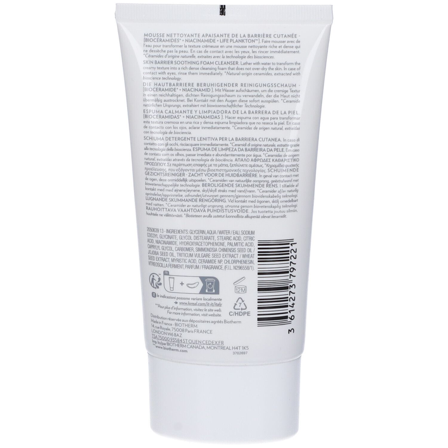 Retro di un tubo bianco. Contiene testo multilingue, ingredienti e codice a barre.