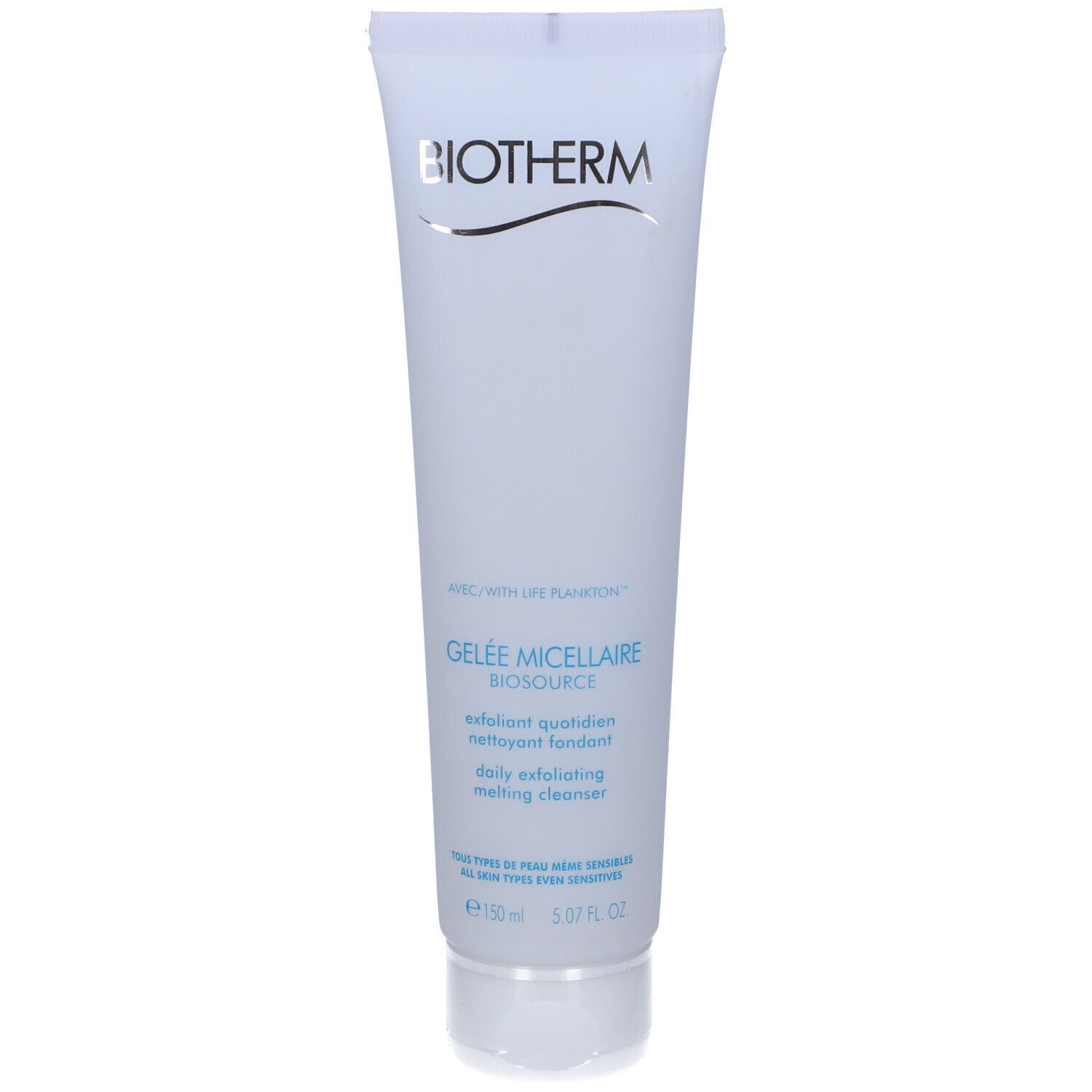 Tubo azzurro chiaro con scritta BIOTHERM. Scritta: Gelée Micellaire Biosource, Daily Exfoliating Melting Cleanser.