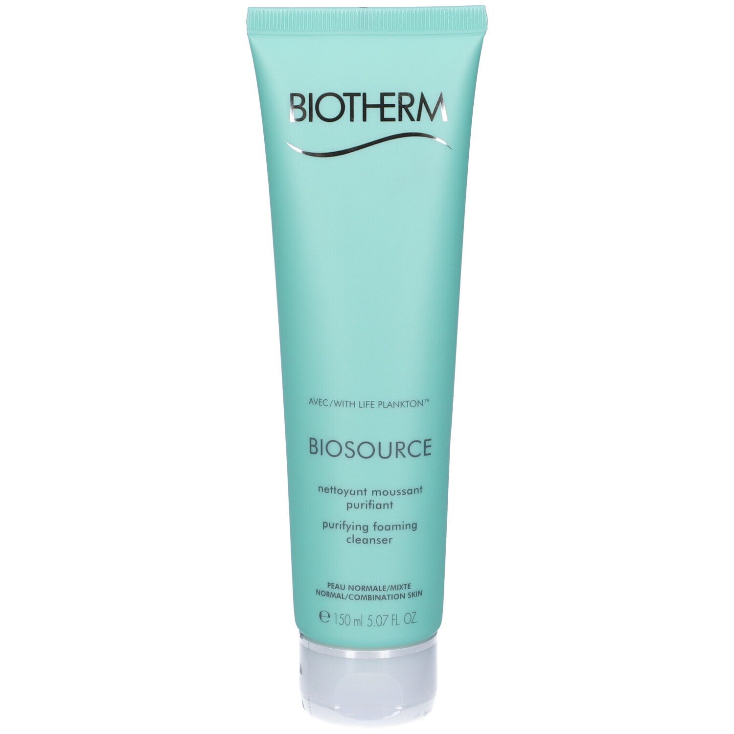 Tubo turchese. Logo BIOTHERM. Scritta BIOSOURCE. Testo: nettoyant moussant purifiant. Per pelli normali.