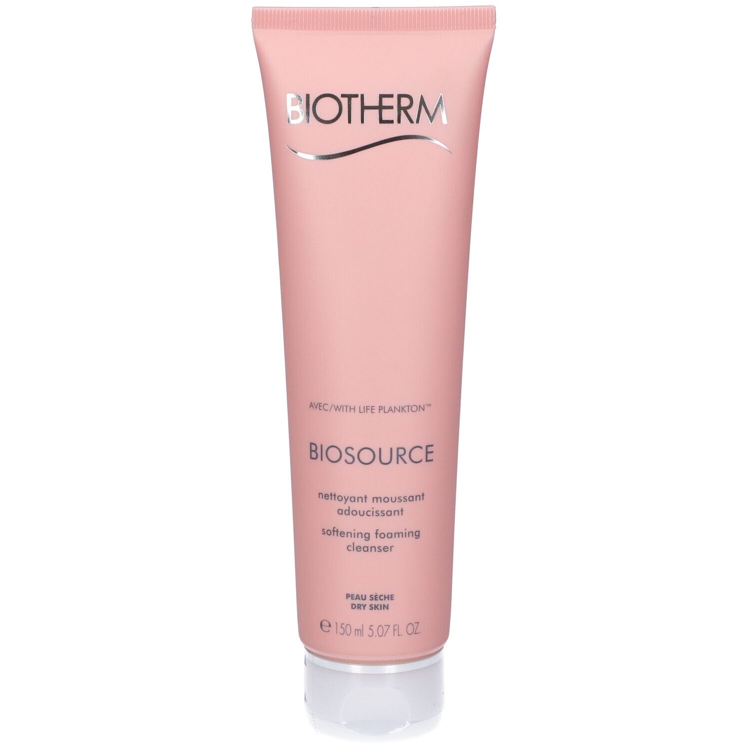 Tubo rosa BIOTHERM con logo. Scritto "BIOSOURCE nettoyant moussant adoucissant". Per pelle secca. Formato 150 ml.