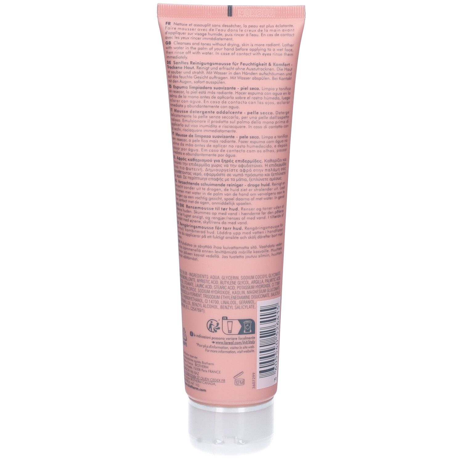 Retro del tubo rosa. Testo multilingue. Tappo trasparente. Informazioni sugli ingredienti e riciclo.