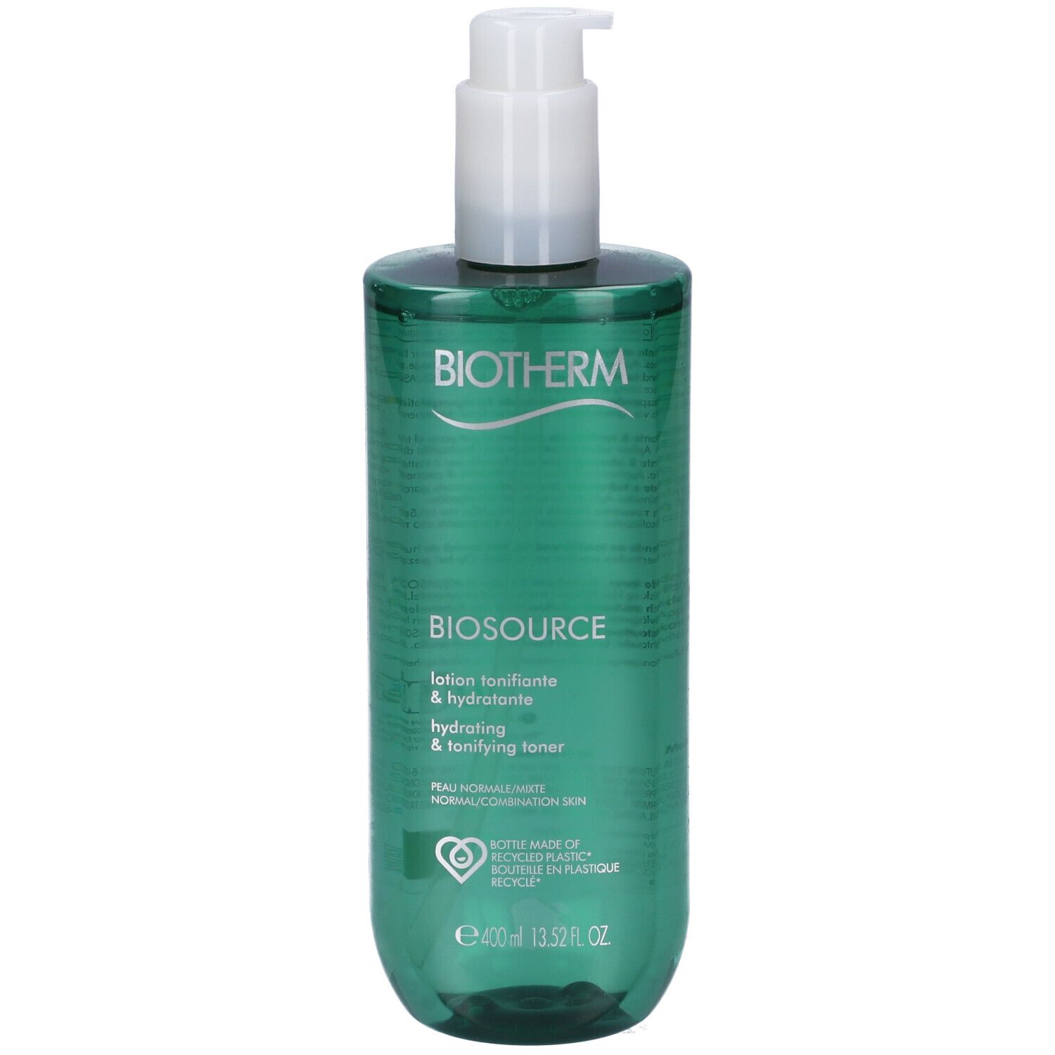 Flacone verde con erogatore bianco. Scritte: BIOTHERM, BIOSOURCE, Hydrating & Tonifying Toner. 400ml.