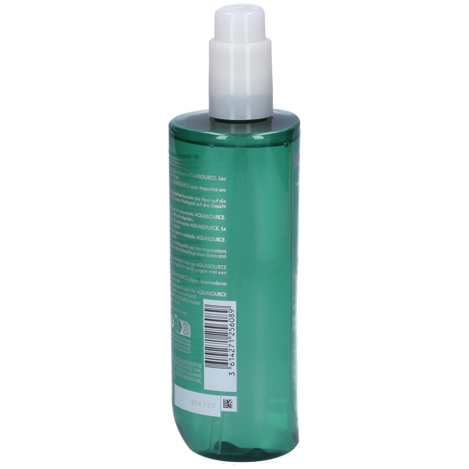 Retro del flacone verde con testo. Erogatore bianco. Codice a barre e altre informazioni.