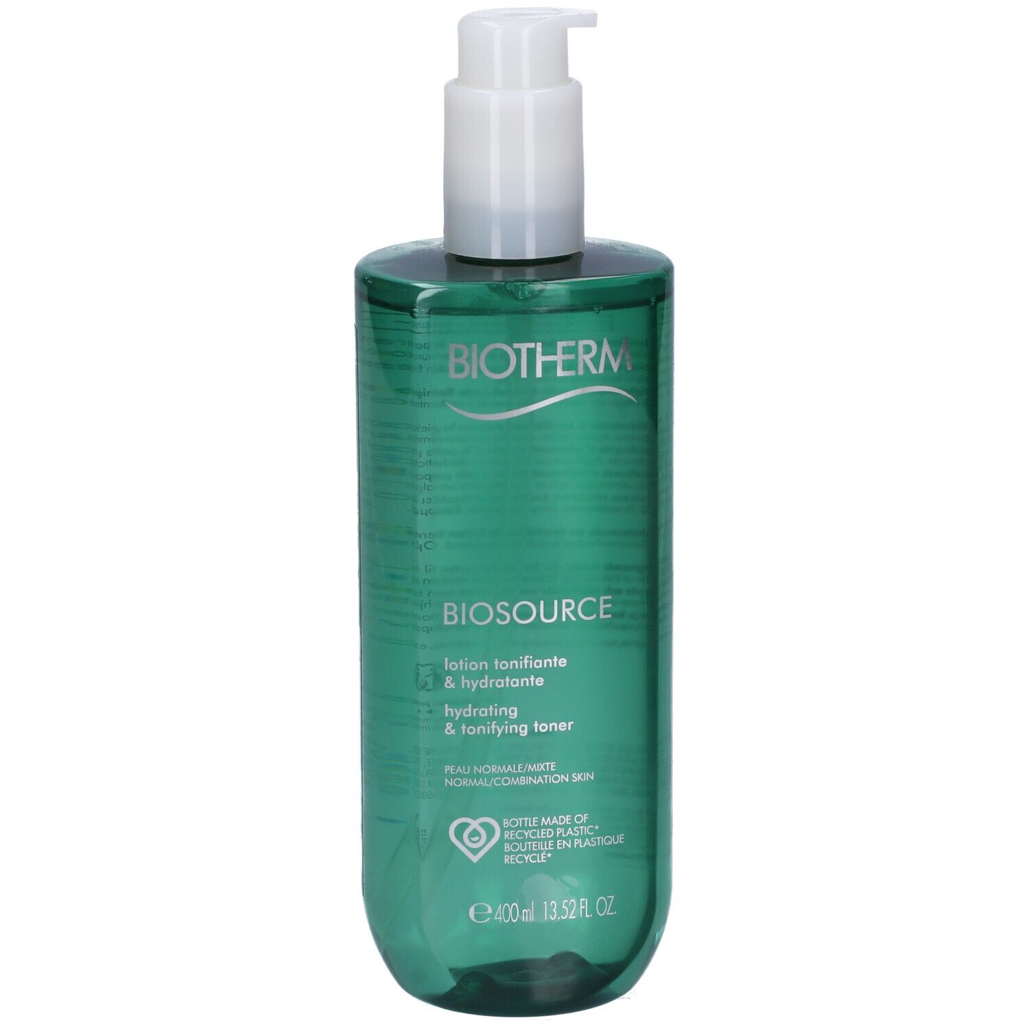 Flacone verde con erogatore bianco. Scritte: BIOTHERM, BIOSOURCE, Hydrating & Tonifying Toner. 400ml.