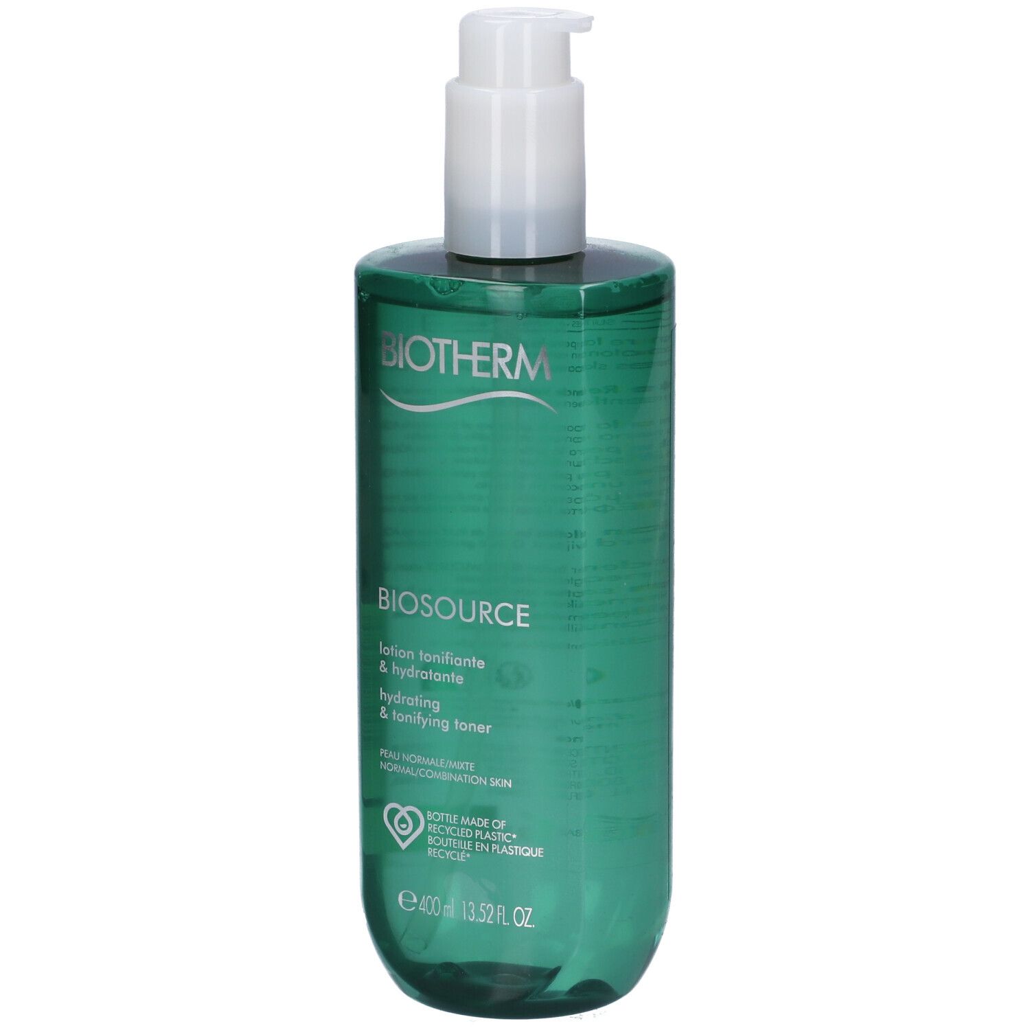 Flacone verde con erogatore bianco. Scritte: BIOTHERM, BIOSOURCE, Hydrating & Tonifying Toner. 400ml.