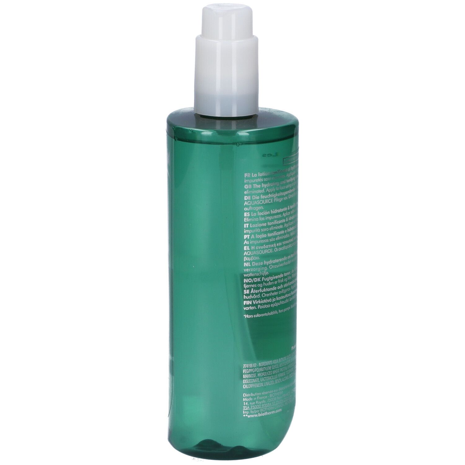 Retro del flacone verde con testo. Erogatore bianco. Codice a barre e altre informazioni.