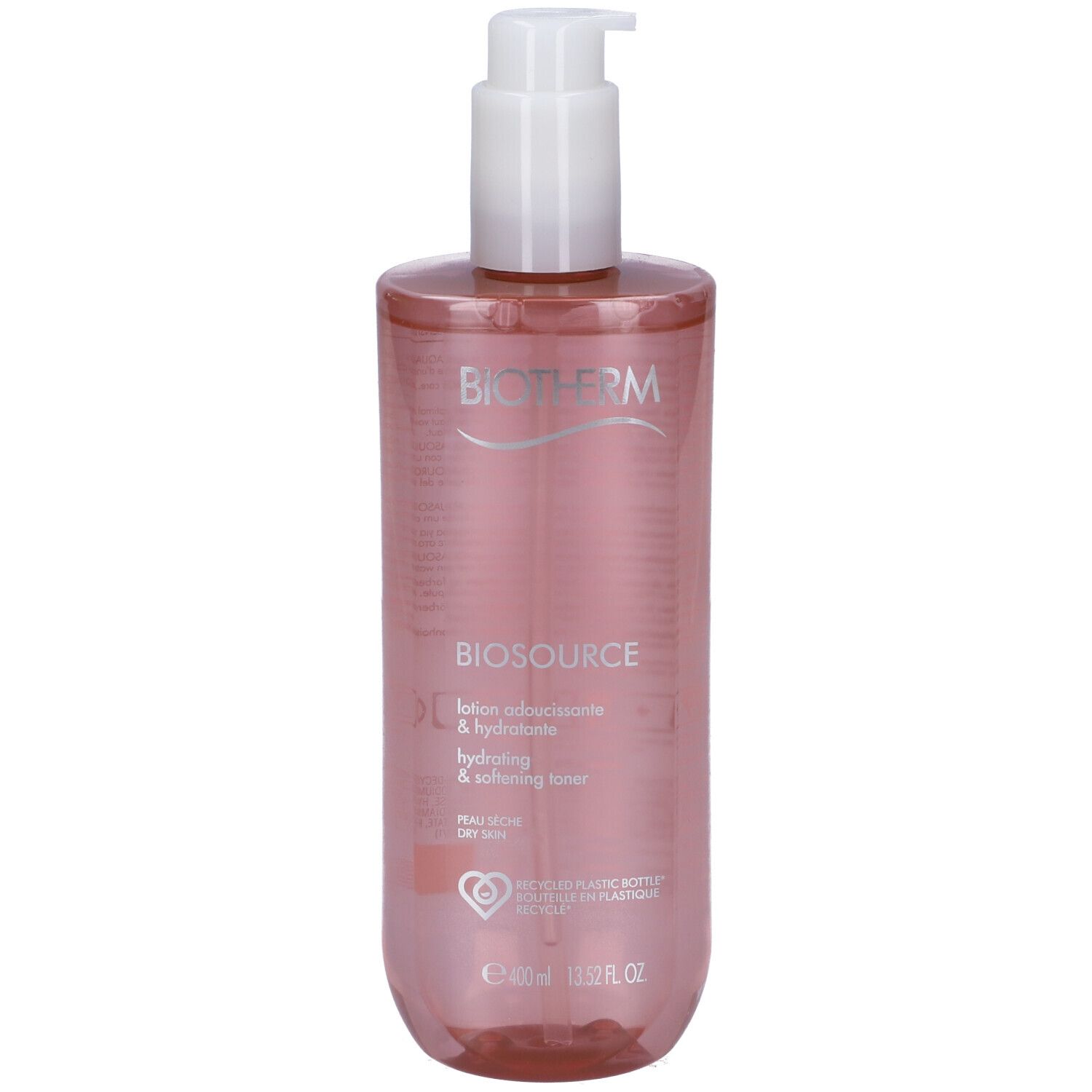 Flacone rosa con erogatore bianco. Scritta: BIOTHERM BIOSOURCE, tonico idratante & addolcente. Per pelli secche.