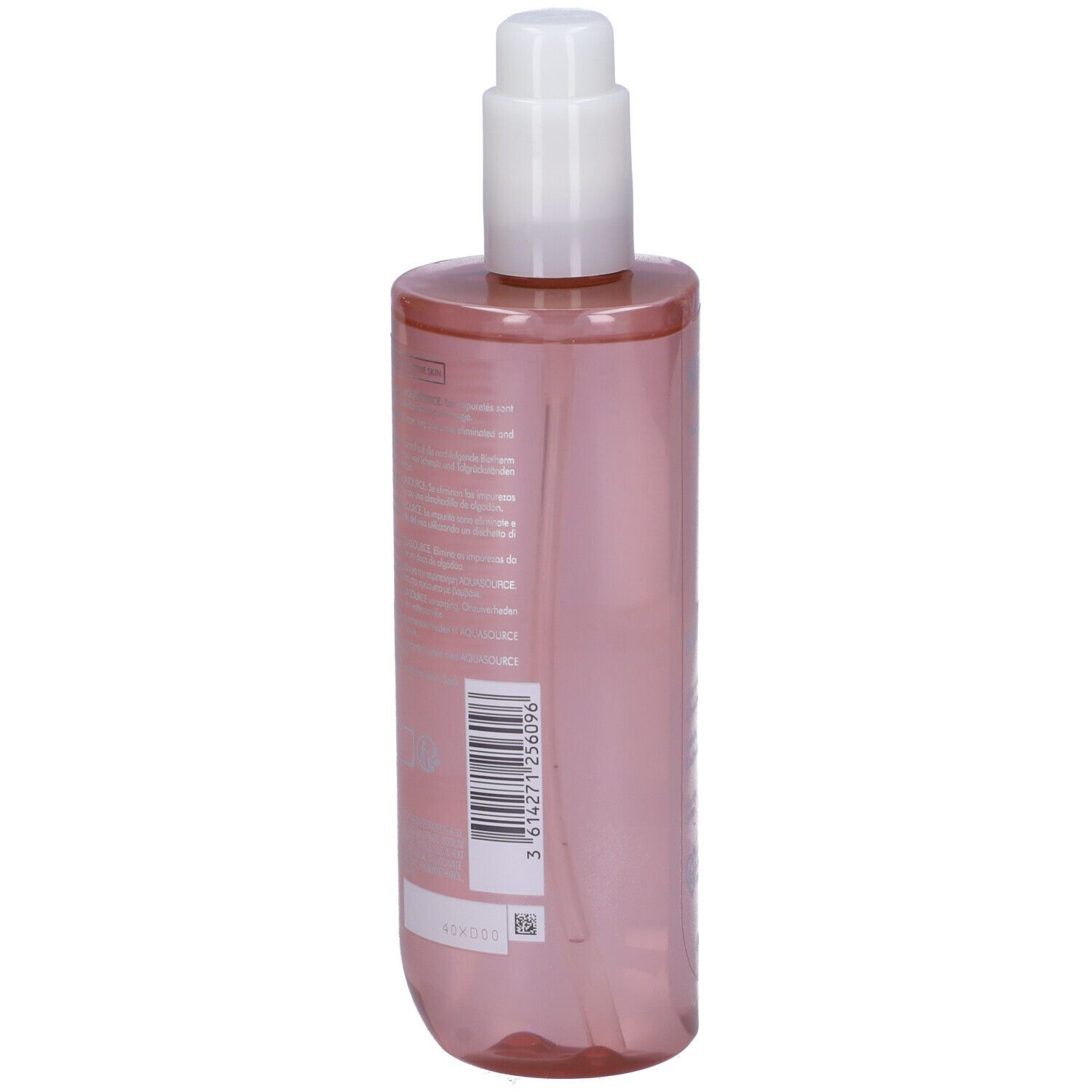 Flacone rosa con erogatore bianco. Retro con codice a barre e testo. Prodotto per pelli secche.