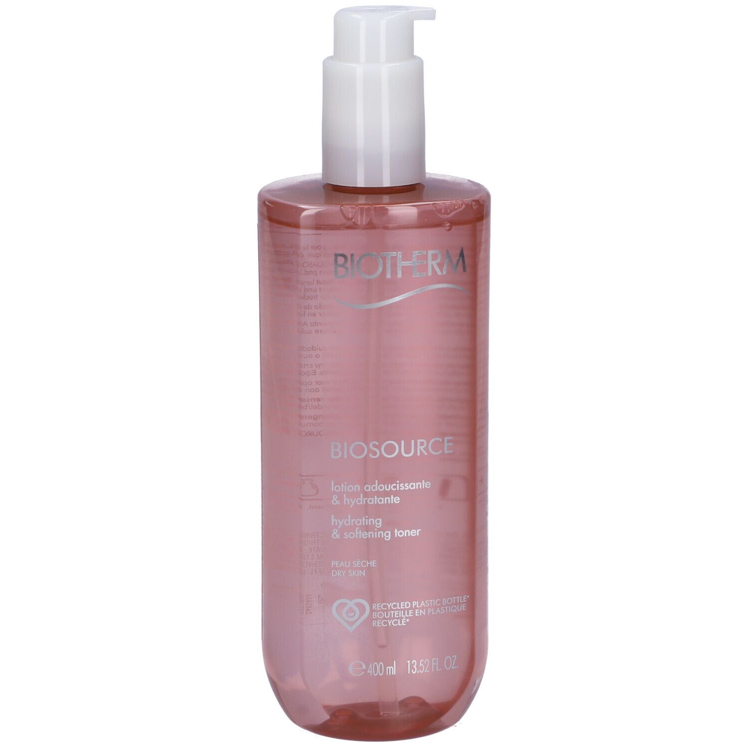 Flacone rosa con erogatore bianco. Scritta: BIOTHERM BIOSOURCE, tonico idratante & addolcente. Per pelli secche.