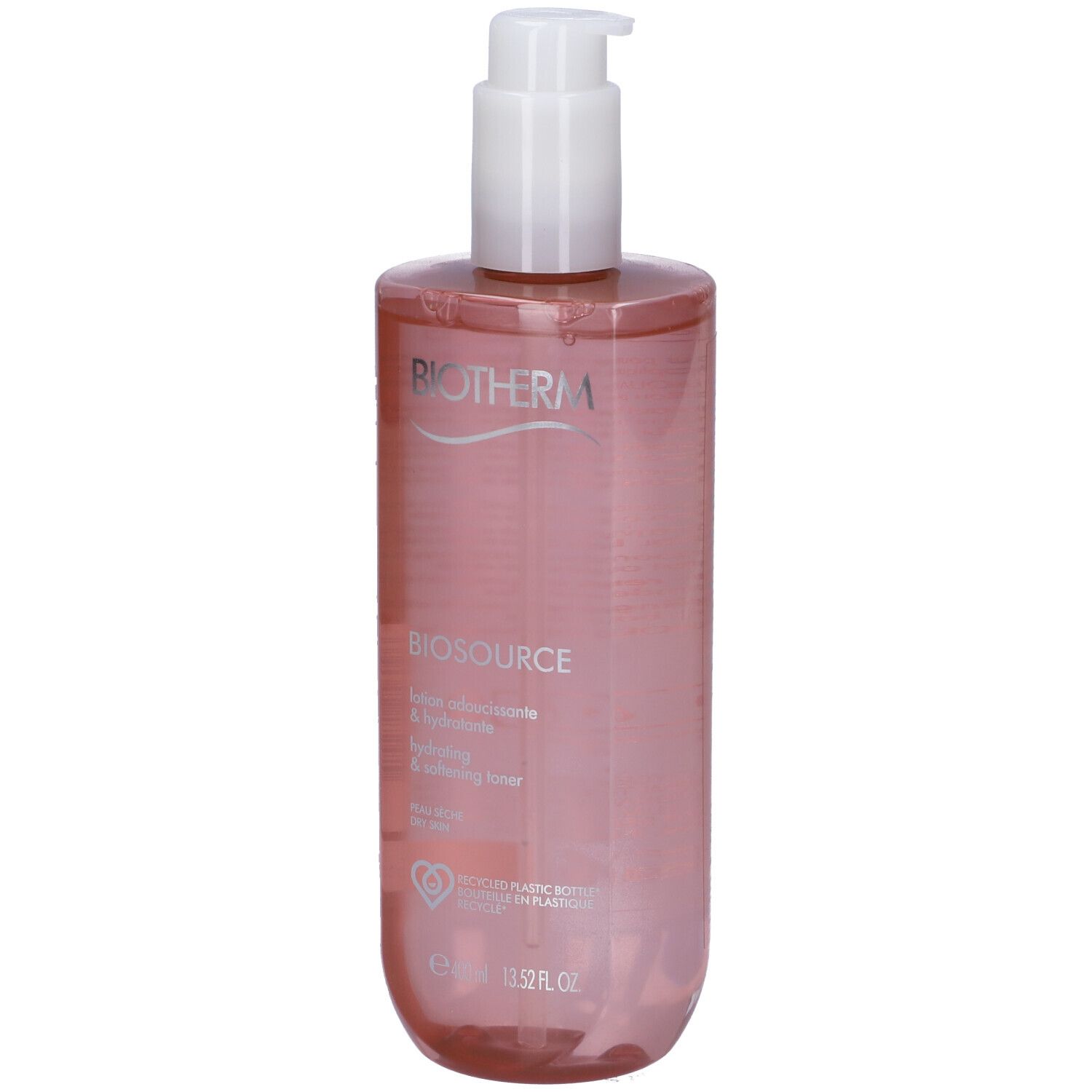 Flacone rosa con erogatore bianco. Scritta: BIOTHERM BIOSOURCE, tonico idratante & addolcente. Per pelli secche.