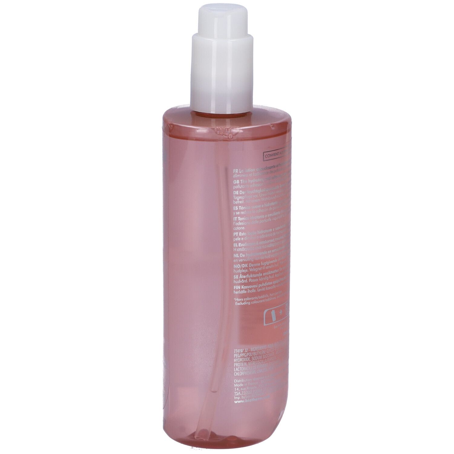 Flacone rosa con erogatore bianco. Retro con testo. Prodotto per pelli secche.