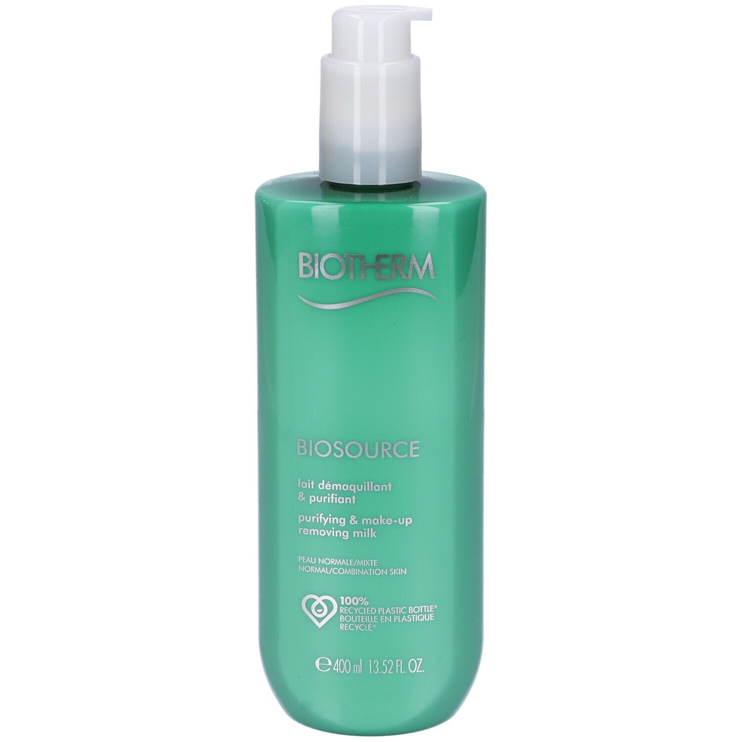 Flacone verde con dosatore bianco. Scritte BIOTHERM, BIOSOURCE, Lait démaquillant & purifiant, 400 ml.