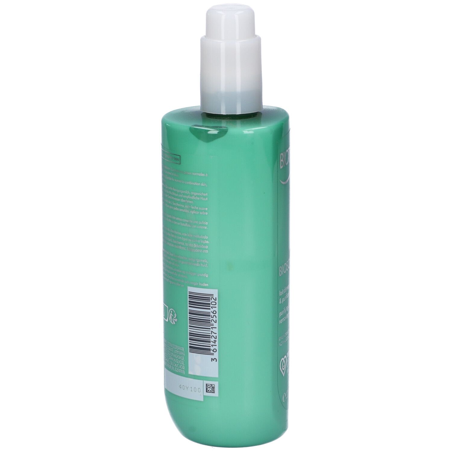 Flacone verde con dosatore bianco. Retro con informazioni prodotto e codice a barre.