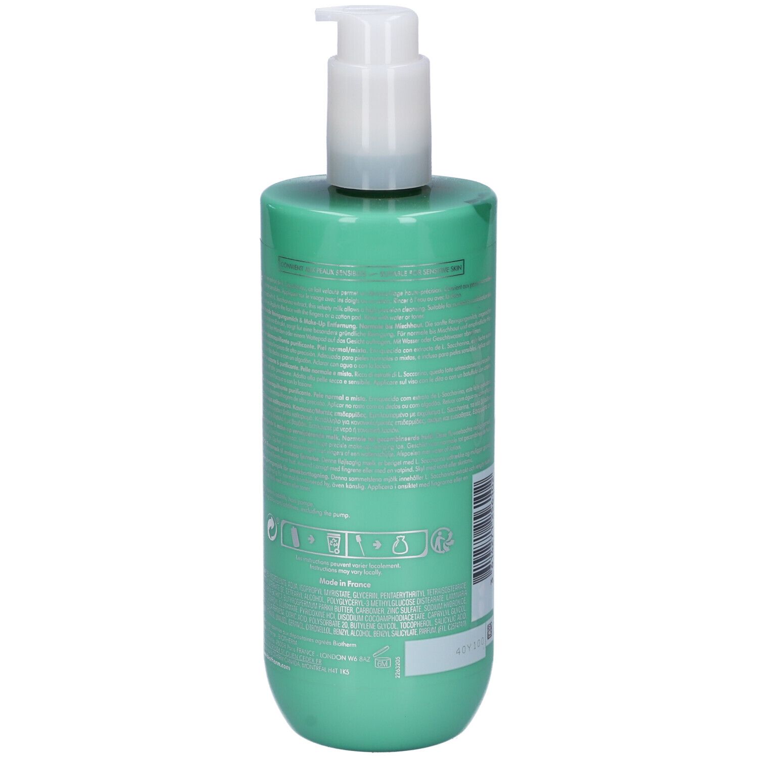 Flacone verde con dosatore bianco. Retro con informazioni prodotto e simboli.
