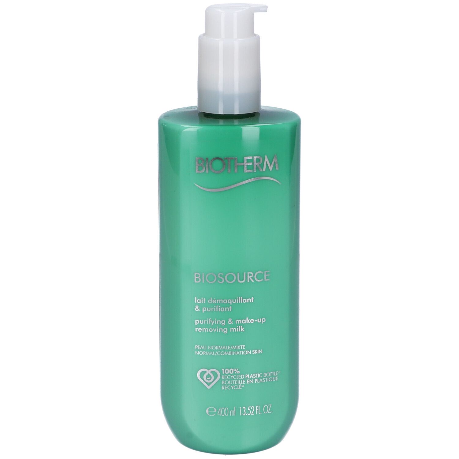 Flacone verde con dosatore bianco. Scritte BIOTHERM, BIOSOURCE, Lait démaquillant & purifiant, 400 ml.