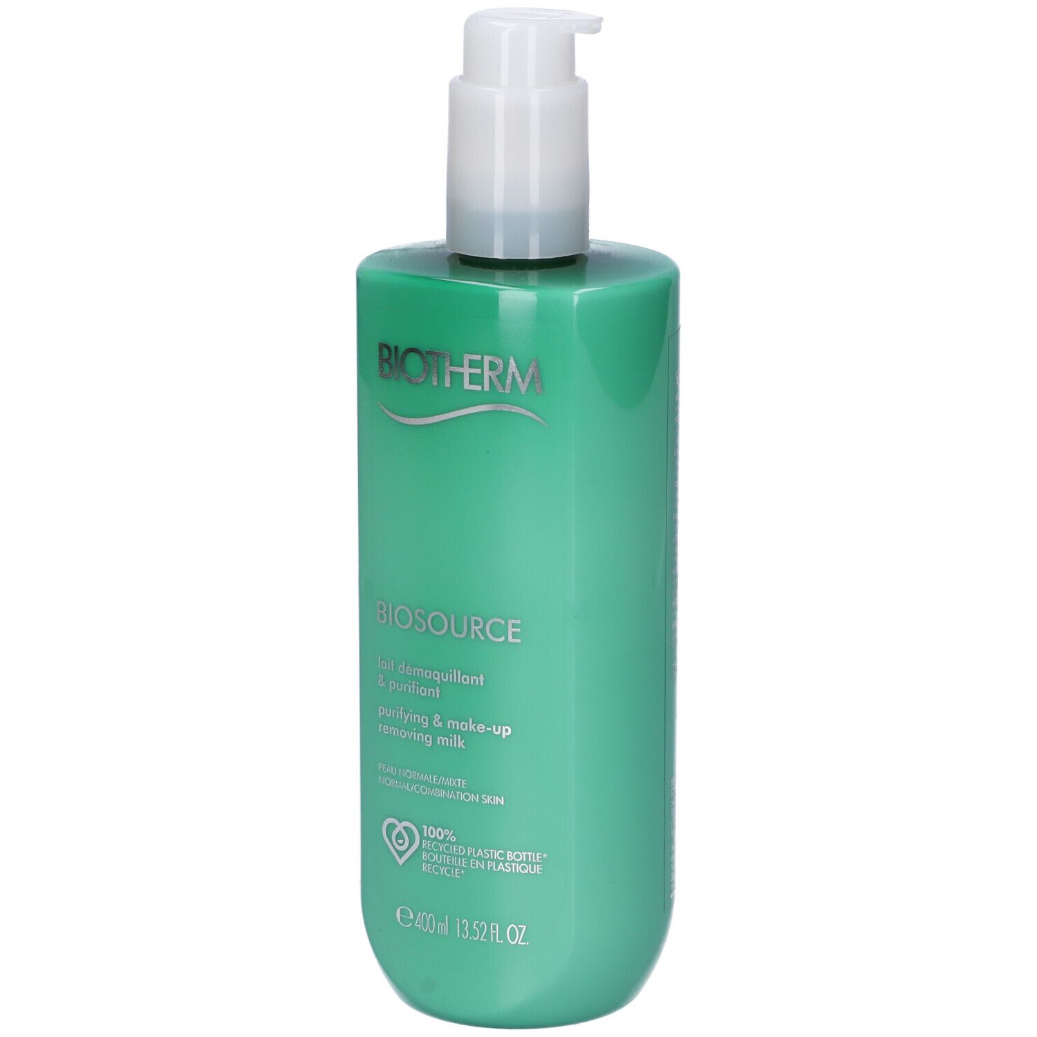 Flacone verde con dosatore bianco. Scritte BIOTHERM, BIOSOURCE, Lait démaquillant & purifiant, 400 ml.
