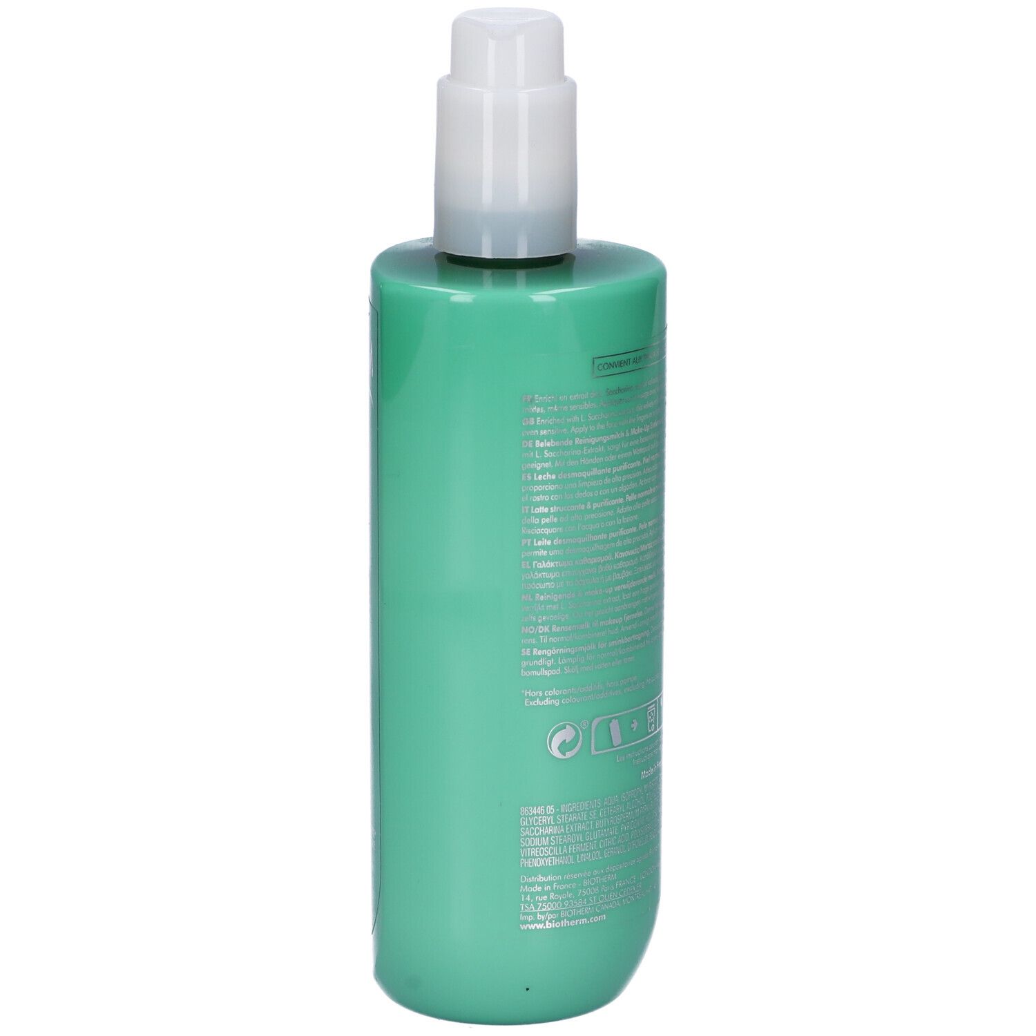 Flacone verde con dosatore bianco. Retro con informazioni prodotto e simboli.