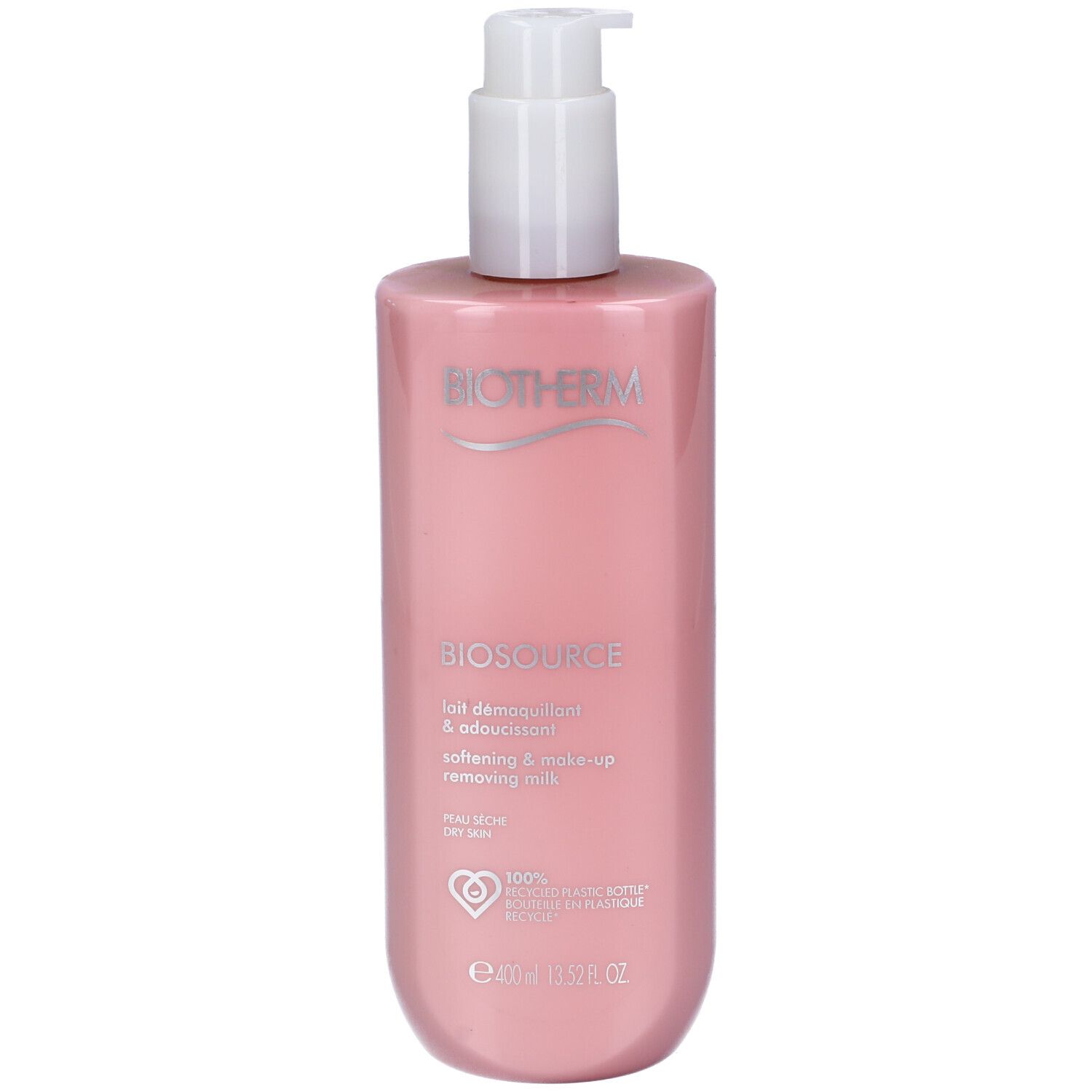 Flacone rosa con dosatore bianco. Scritta: BIOTHERM, BIOSOURCE, Lait démaquillant & adoucissant, softening & make-up removing milk. Per pelle secca.