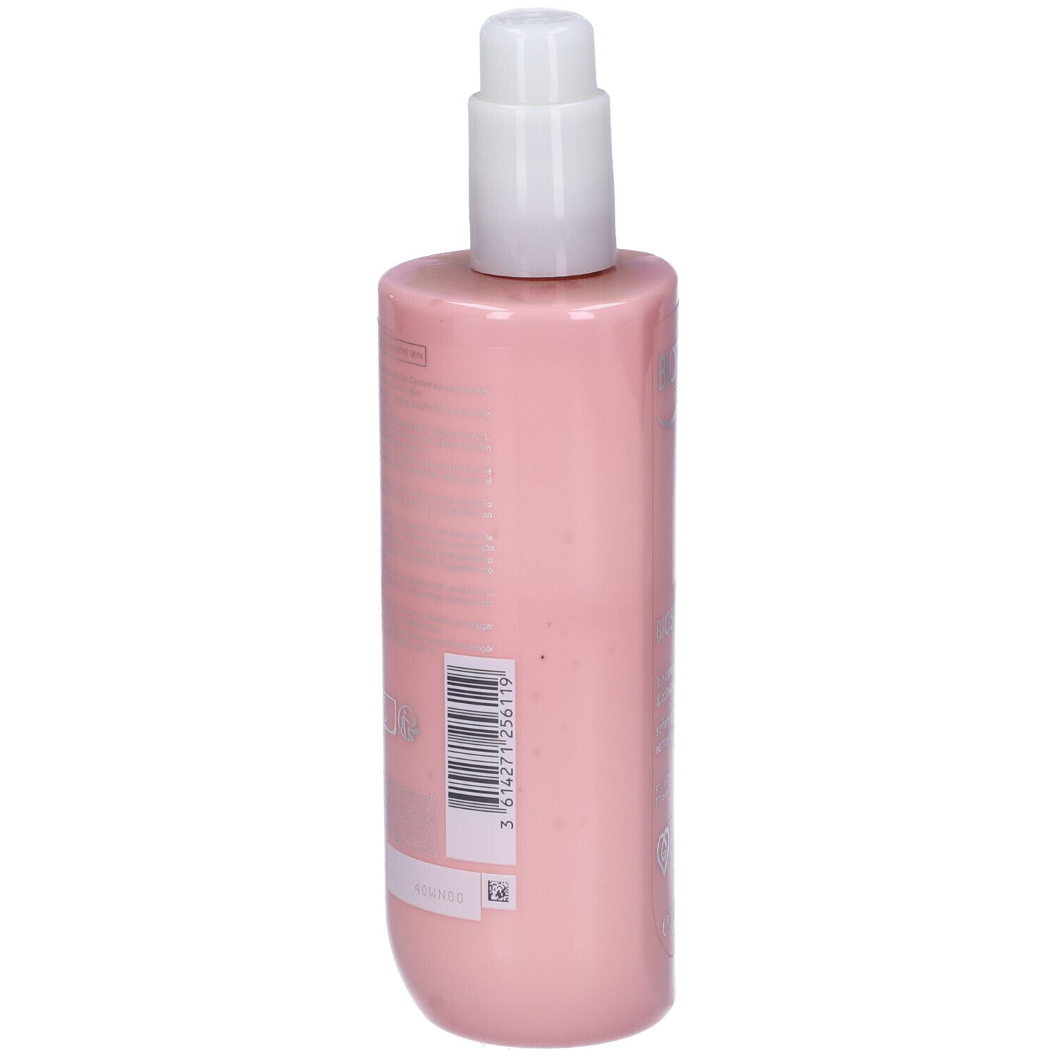 Flacone rosa con dosatore bianco. Sul retro, informazioni sul prodotto e codice a barre.