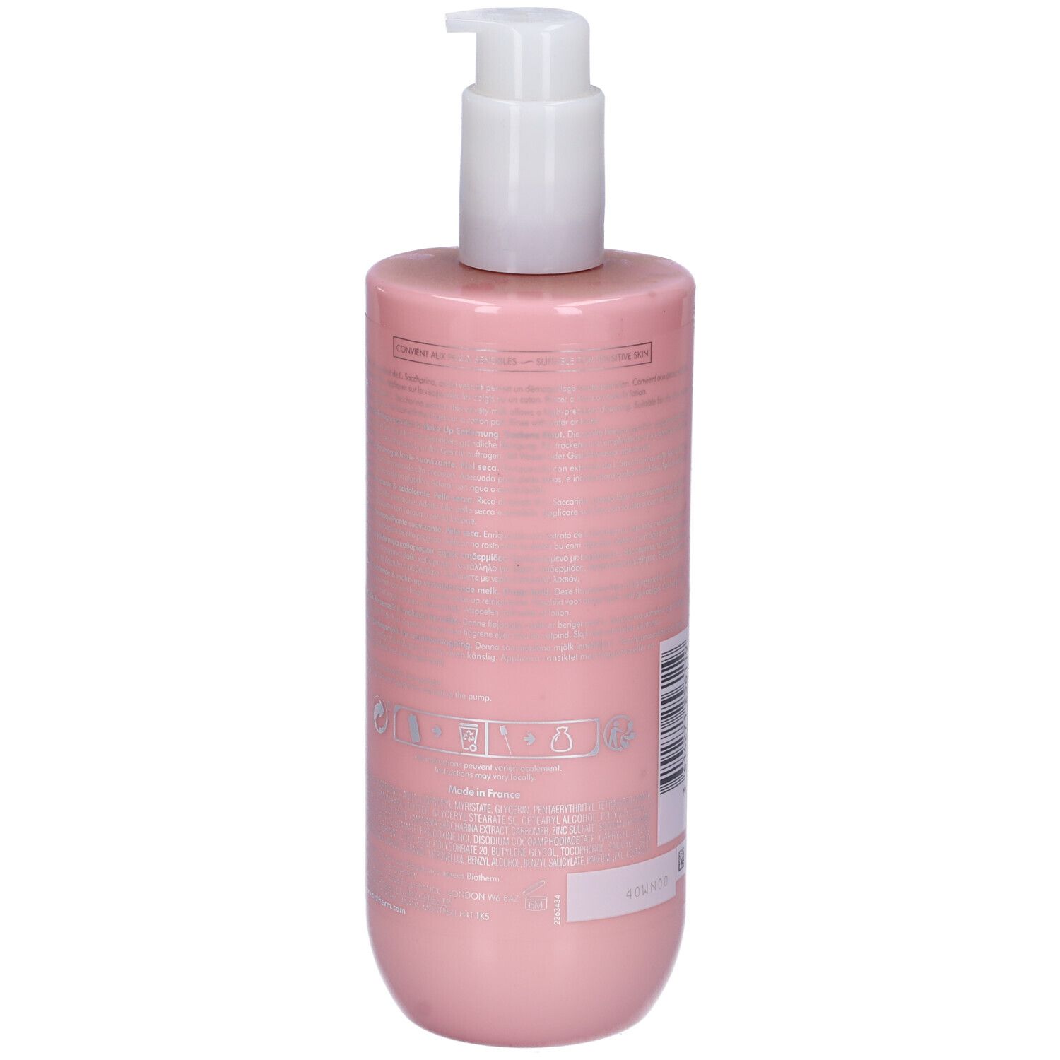 Flacone rosa con dosatore bianco. Retro con informazioni sul prodotto e testo.