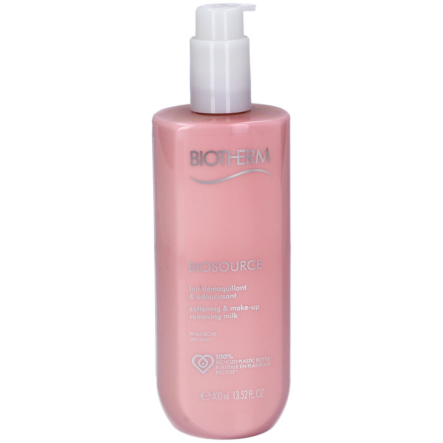 Flacone rosa con dosatore bianco. Scritta: BIOTHERM, BIOSOURCE, Lait démaquillant & adoucissant, softening & make-up removing milk. Per pelle secca.