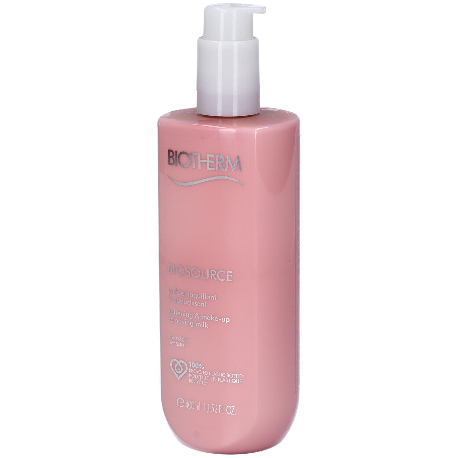 Flacone rosa con dosatore bianco. Scritta: BIOTHERM, BIOSOURCE, Lait démaquillant & adoucissant, softening & make-up removing milk. Per pelle secca.
