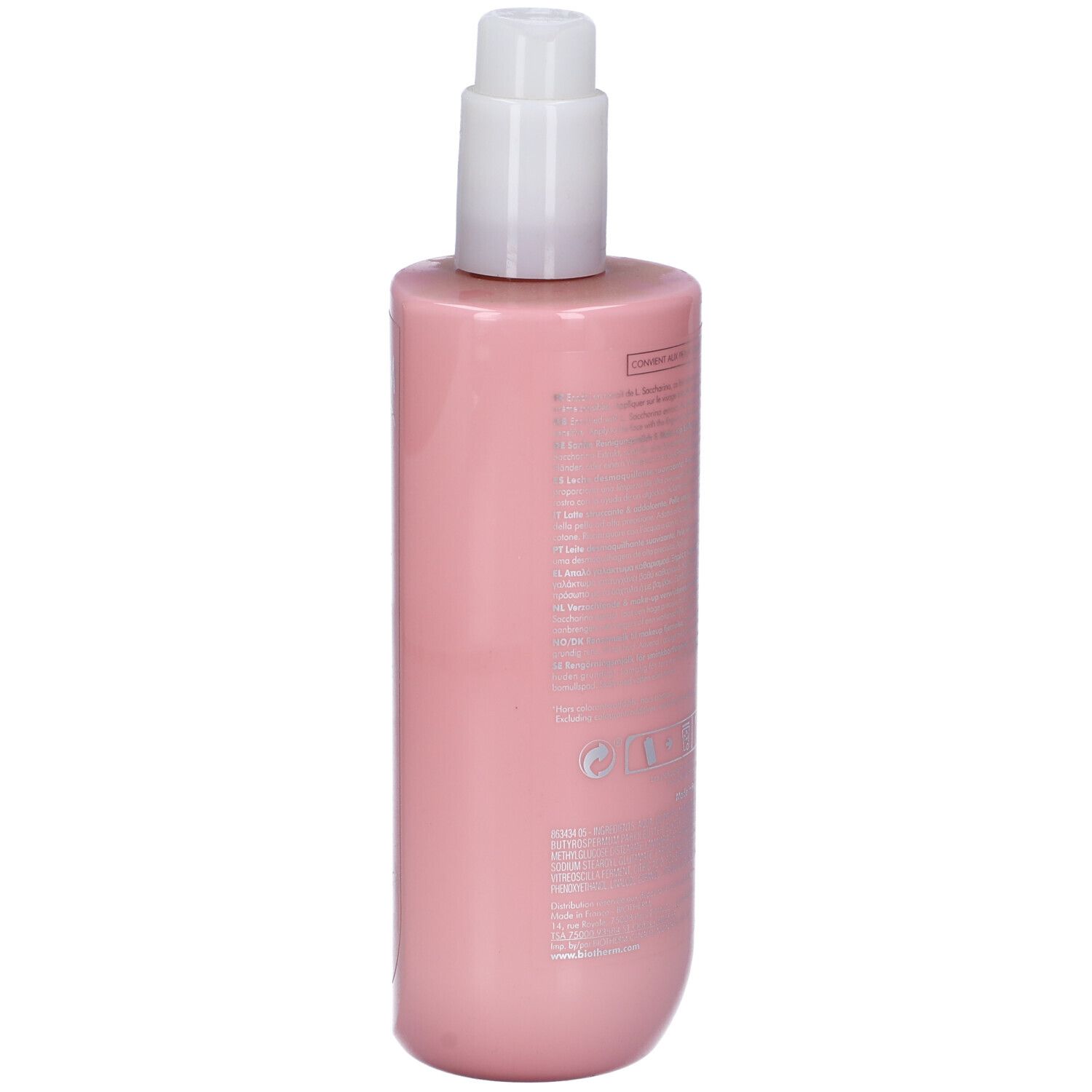 Flacone rosa con dosatore bianco. Retro con informazioni sul prodotto.