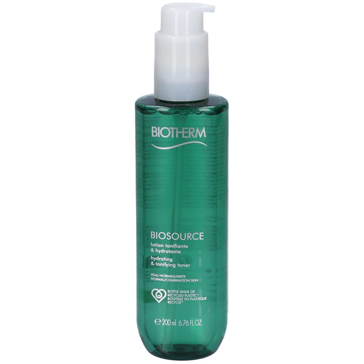 Flacone verde con erogatore bianco. Scritta: BIOTHERM BIOSOURCE Lotion tonifiante & hydratante. Per pelli normali.